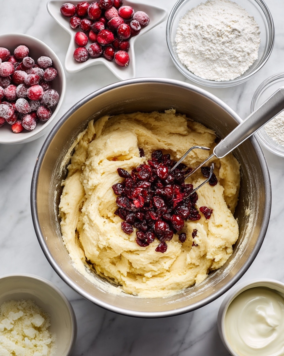 The image shows a large metal mixing bowl filled with a thick, pale yellow dough with a soft texture, and chopped dark red cranberries piled in the center on top of the dough. Inside the bowl, there is a mixing paddle attached to the side. Around the metal bowl, there are several white ceramic bowls holding different ingredients, including whole fresh cranberries in a star-shaped bowl at the top, powdered sugar in a glass bowl to the right, a bowl with a white creamy substance at the bottom right, and a small empty bowl to the left. The bowls and mixing bowl are placed on a white marbled surface that gives a clean, bright look. The image is taken from above, capturing all the ingredients and mixing tools. photo taken with an iphone --ar 4:5 --v 7