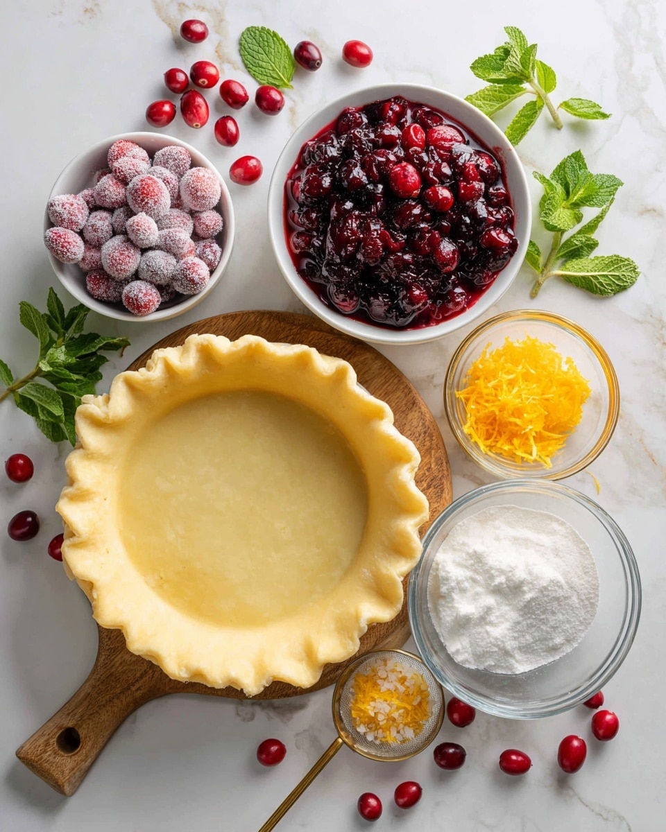 The image shows ingredients for making a berry pie arranged on a white marbled surface. At the center bottom is a round, pale yellow pie crust on a wooden board with a handle. To the upper left are three white bowls: one with frosted red cranberries, another with dark red mixed berries soaked in juice, and the third with fresh bright red cranberries. To the right of these bowls are smaller clear glass bowls with orange zest, cream, and white sugar, along with a gold measuring spoon filled with salt above them. Fresh green mint leaves are placed around the edges for decoration. The overall setting is bright and clean, with the vibrant red berries contrasting against the soft yellow crust and white background. photo taken with an iphone --ar 4:5 --v 7