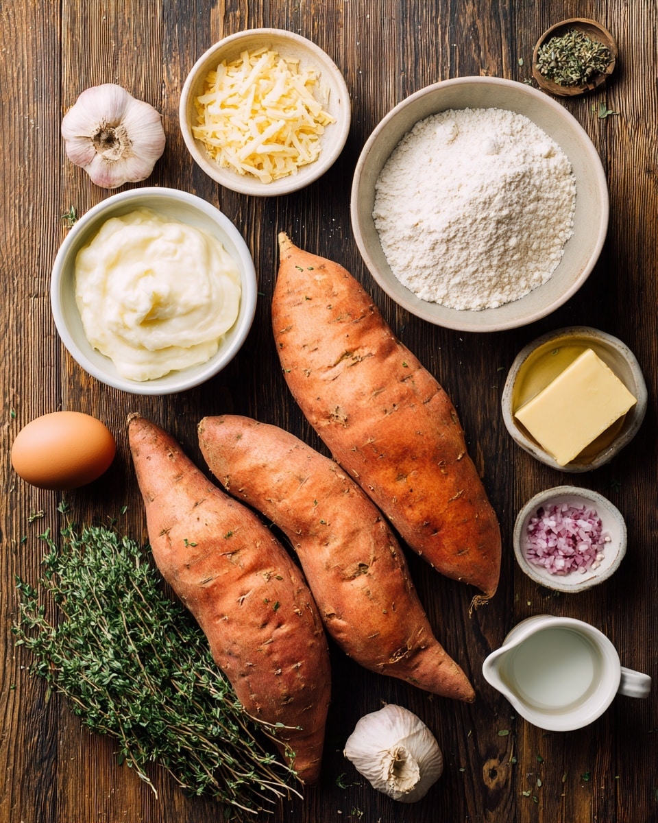 A flat lay showing a wooden textured surface with various cooking ingredients arranged neatly. Three medium-sized sweet potatoes with rough, orange skin are centered horizontally. Below and to the right, a white bowl filled with white flour sits next to a single brown egg. At the bottom left, there's a small bunch of fresh green thyme. To the left of the potatoes, a white bowl holds a smooth, creamy white mixture, likely cheese or cream. Above that, a small white bowl contains grated pale yellow cheese. Above the potatoes, a bulb of garlic is placed with its papery white skin visible. Small bowls containing dried herbs, chopped red onions, salt, and olive oil are scattered around the top part of the image. A small white cup with clear liquid is to the right, and a wrapped stick of butter is near the middle left. The wooden background contrasts with the bright ingredients. Photo taken with an iphone --ar 4:5 --v 7