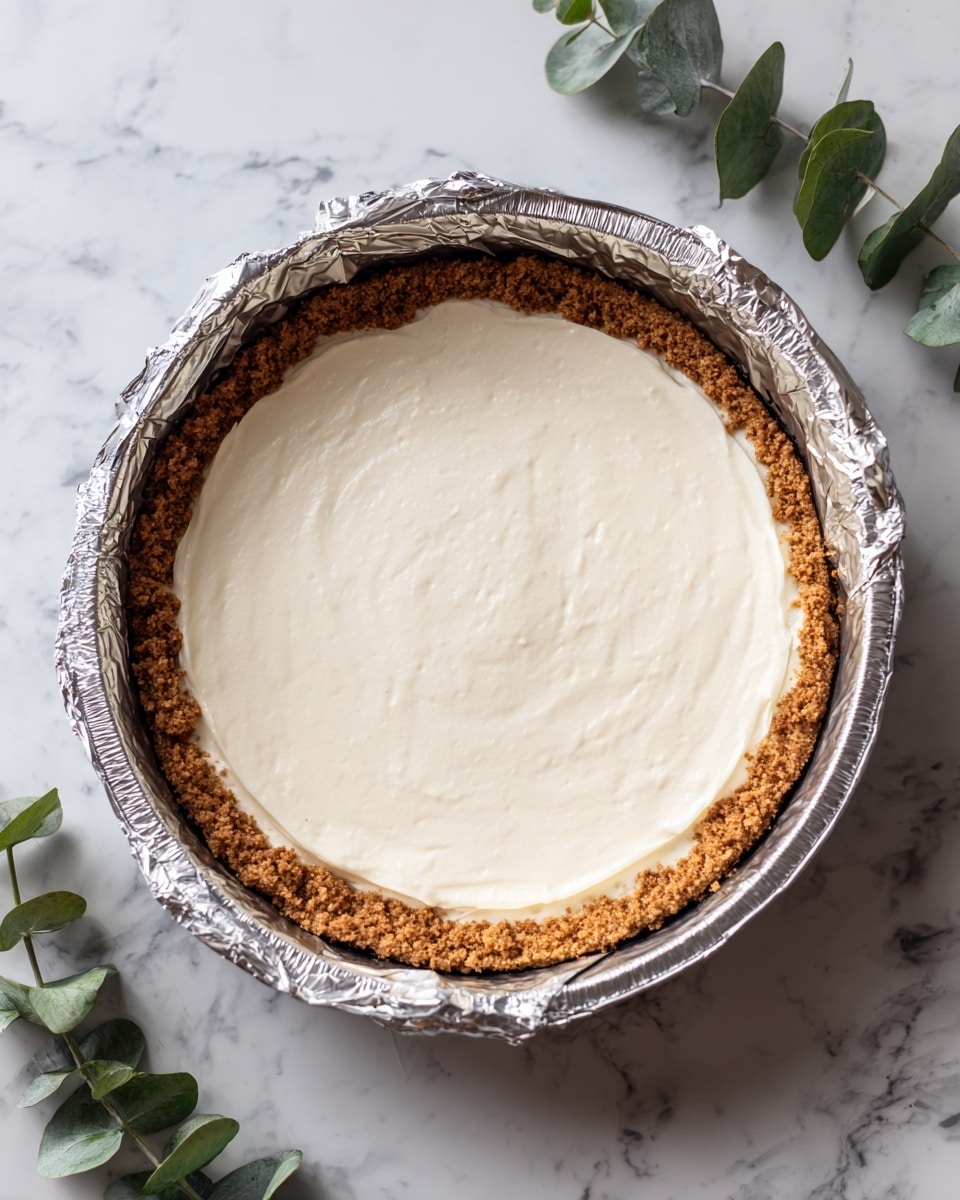 The image shows a cheesecake in a round baking tin wrapped with foil on the outside. The cheesecake has two visible layers: the bottom layer is a crumbly, light brown crust pressed against the sides and bottom of the tin, and the top layer is smooth and creamy with a white color that fills the entire center of the tin. The tin rests on a white marbled surface, with some green eucalyptus leaves placed nearby. The overall look is clean and simple, ready for baking or chilling photo taken with an iphone --ar 4:5 --v 7
