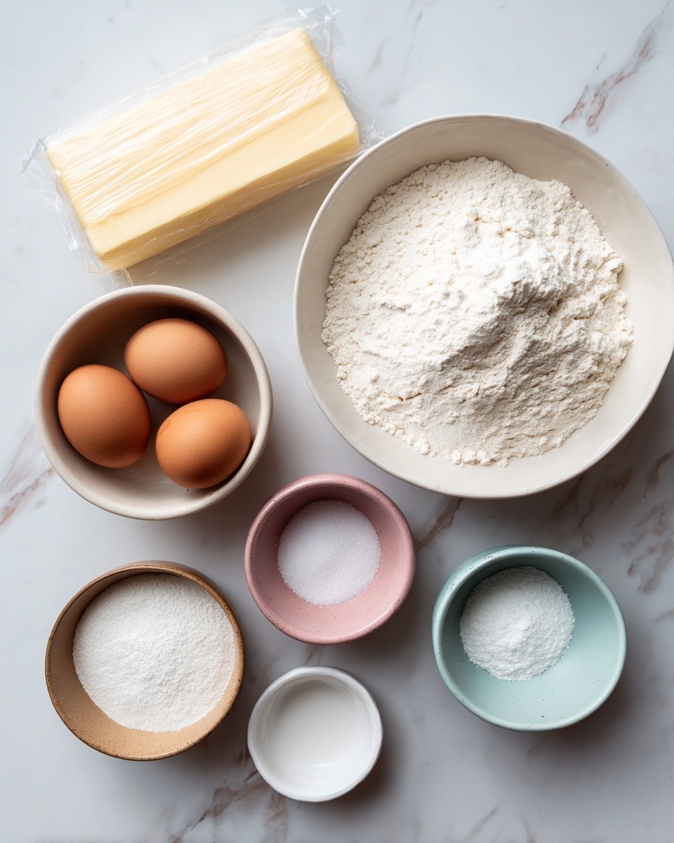 The image shows six bowls and a wrapped block of butter placed on a white marbled surface. One large white bowl on the right is filled with white flour, and to its left, four smaller bowls hold different ingredients: two brown eggs in a tan bowl, white granulated sugar in a pink bowl, a white powdery substance in a light brown bowl, and a small amount of white powder in a light blue bowl. In front is a tiny empty white bowl, and on the upper left corner, there is a rectangular wrapped block of organic unsalted butter. The setup feels clean and organized. Photo taken with an iphone --ar 4:5 --v 7