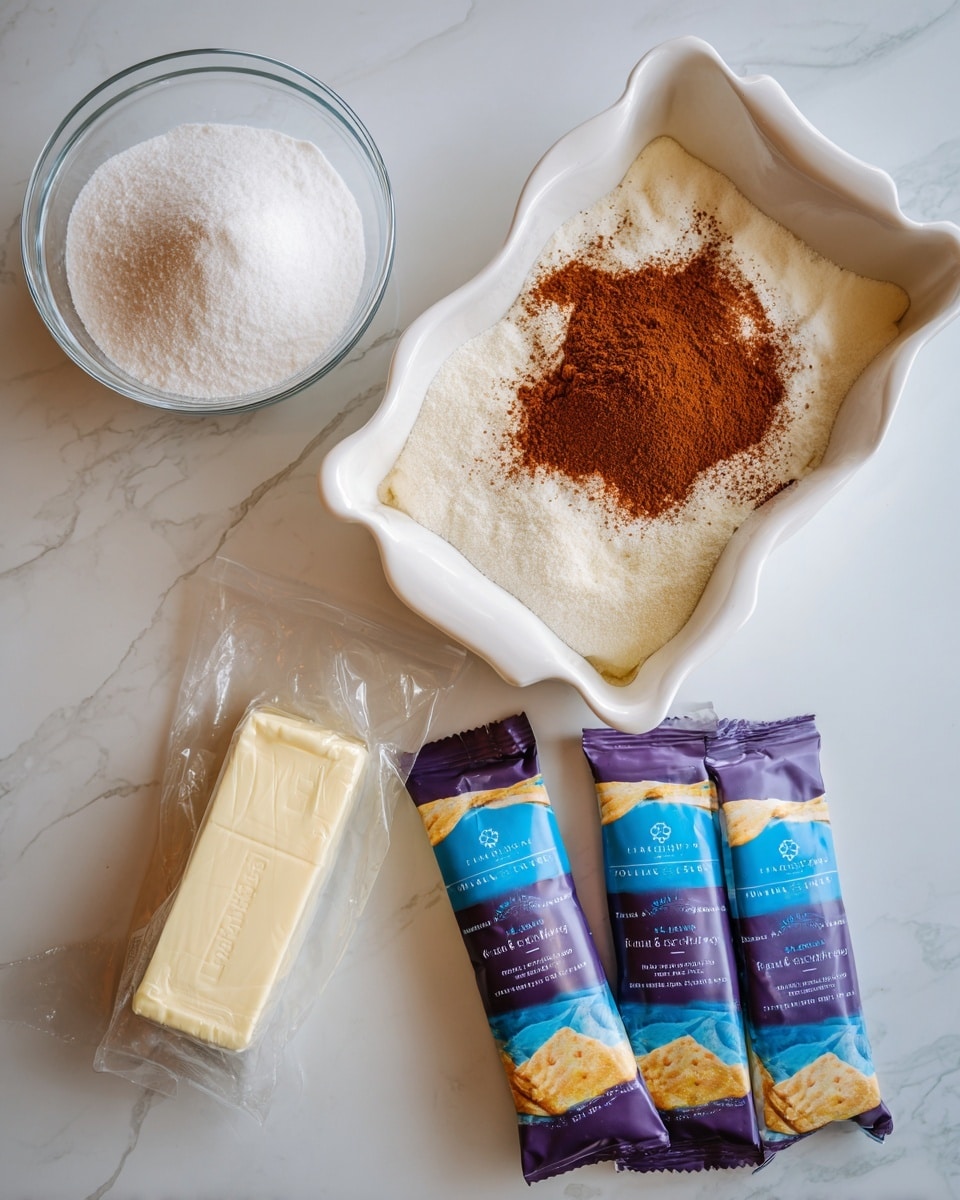 The image shows a white, wavy rectangular baking dish placed on a white marbled surface. Above it to the left is a clear glass bowl filled with a layer of white sugar topped by a layer of brown cinnamon powder. Below the bowl, two purple cylindrical packages of organic flaky biscuits with blue and yellow accents lie side by side, one slightly overlapping the other. In the bottom left corner, there is an unwrapped, white stick of butter with measurement marks. The scene is bright and clean. photo taken with an iphone --ar 4:5 --v 7
