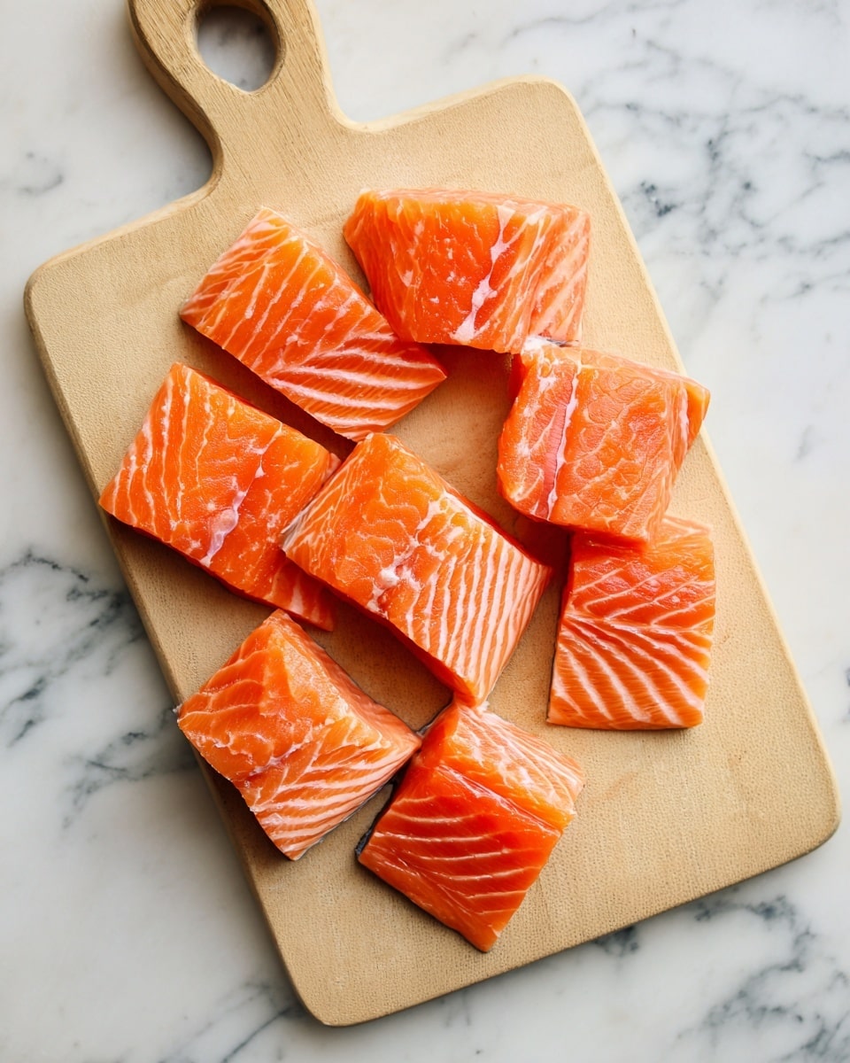 Five wooden skewers lie flat on a baking tray lined with shiny silver foil. Each skewer holds alternating pieces of raw pinkish-orange salmon chunks and round yellow lemon slices with visible seeds, creating a repeating pattern. The salmon pieces look fresh and slightly glossy, and the lemon slices appear juicy and bright. The foil shows some pools of clear oil around the skewers. The baking tray is set on a white marbled surface. photo taken with an iphone --ar 4:5 --v 7