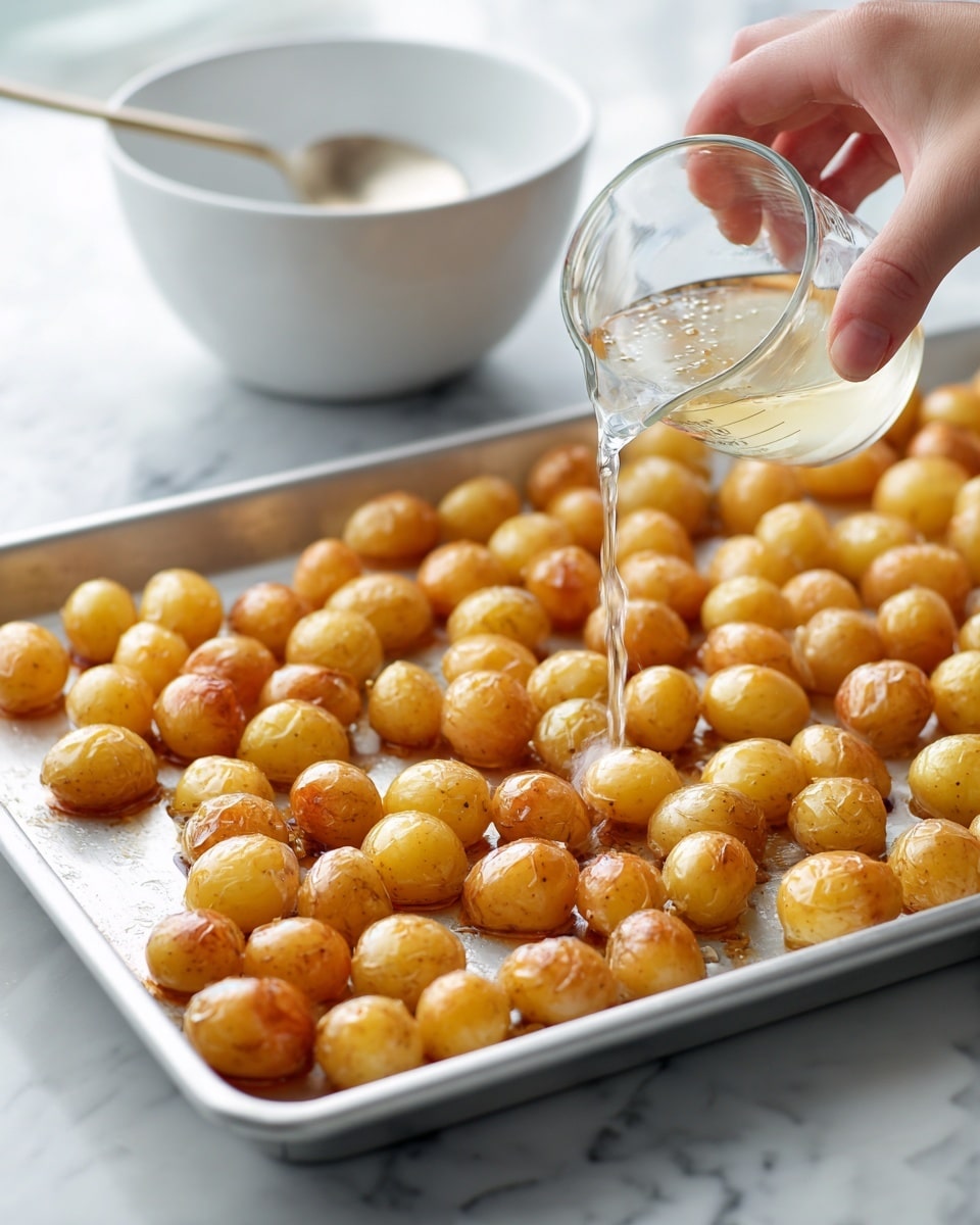 The image shows a shiny silver baking sheet covered with many small, cut golden brown potatoes spread out evenly. A clear liquid is being poured over the potatoes from a clear measuring cup held by a woman's hand. In the background, there is a white bowl with a spoon inside and a white marbled surface underneath. The lighting is bright and natural, highlighting the smooth texture of the potatoes and the shiny metal pan. photo taken with an iphone --ar 4:5 --v 7