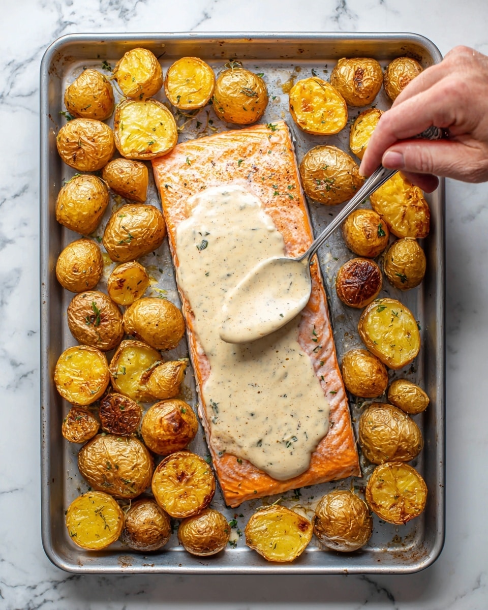 The image shows a shiny silver baking tray on a white marbled surface. On the tray, there is one large raw salmon fillet in the center, covered with a thick, creamy light beige sauce being spread on top with a spoon held by a woman's hand. Around the salmon, there are many small, golden roasted baby potatoes, some whole and some sliced in halves, creating a ring around the fish. The potatoes have a crispy texture with some browning on them. photo taken with an iphone --ar 4:5 --v 7