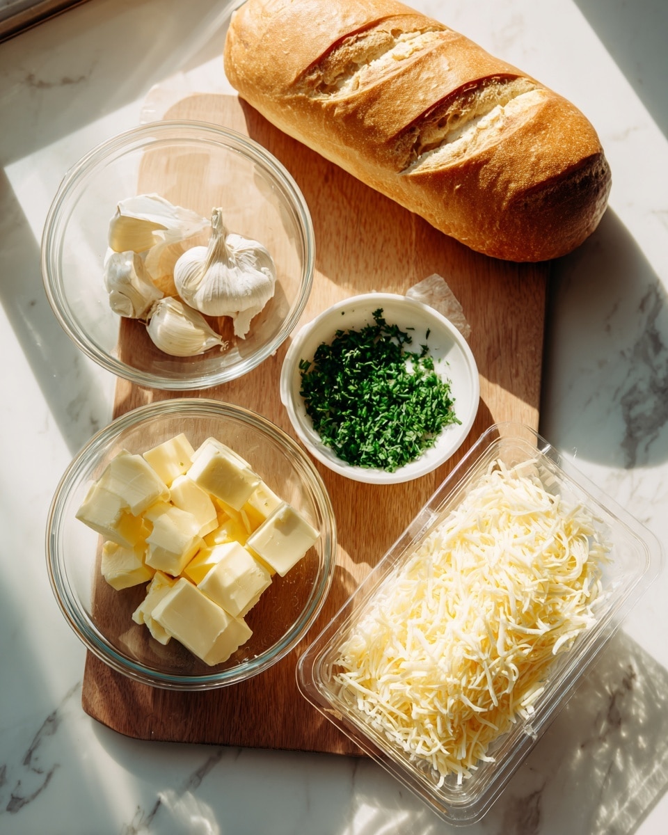A white marbled surface holds a wooden cutting board with three bowls and a loaf of bread nearby. On the cutting board, a clear glass bowl contains several chunks of light yellow butter, a small white bowl holds finely chopped green herbs with a small whole clove of garlic on top, and a clear plastic container is filled with a pile of grated pale yellow cheese. The loaf of bread above the board is a golden tan color with a smooth crust and three diagonal slashes. Bright natural light creates soft shadows around each item. Photo taken with an iphone --ar 4:5 --v 7