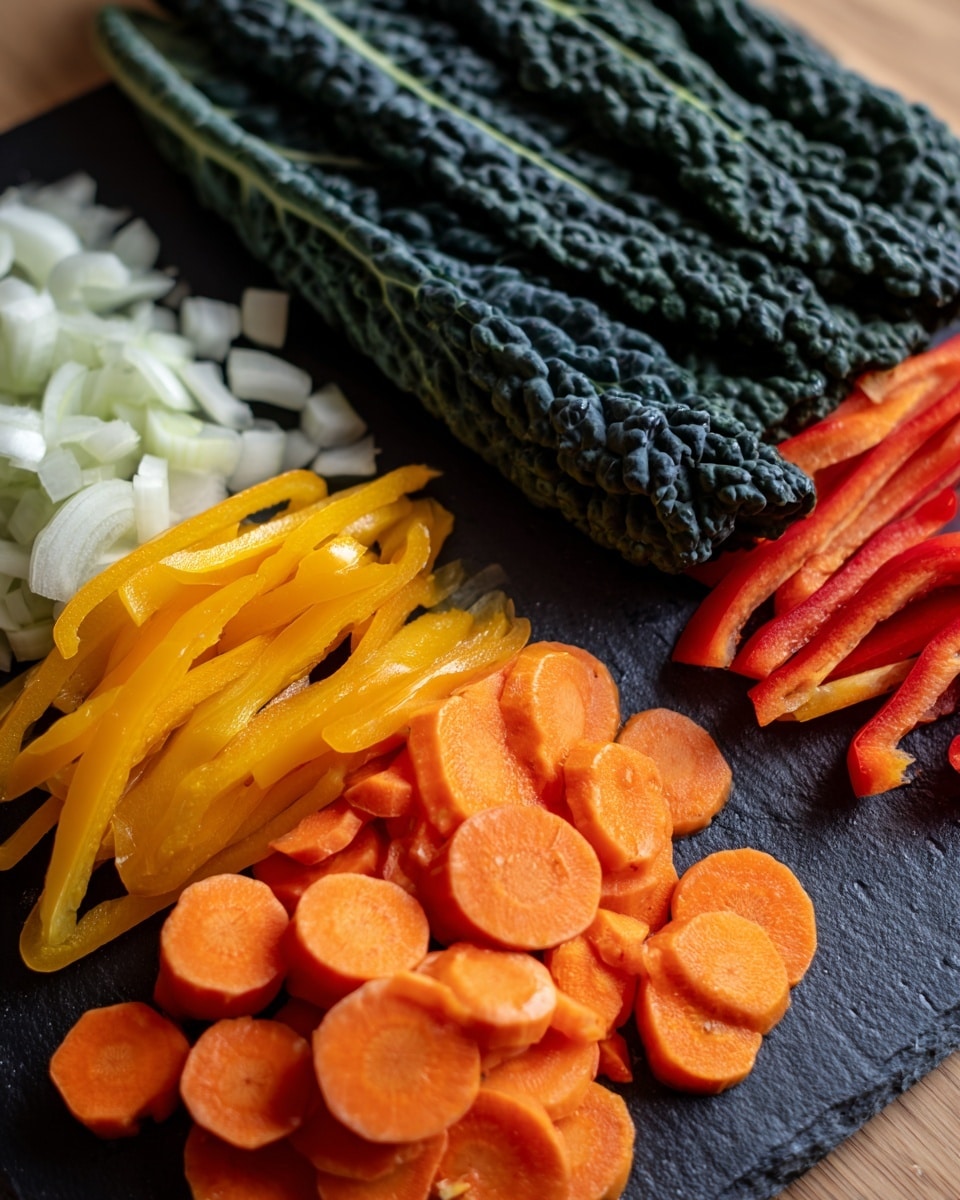 The image shows two close-up views side by side. On the left side, there is a black cutting board with four layers of vegetables arranged in groups from bottom to top: bright orange round carrot slices in the front, white chopped onion pieces next to them, long thin strips of yellow bell pepper above the onion, and long thin strips of red bell pepper near the top. On the right side, there is a bunch of dark green textured kale leaves with a bumpy surface, layered naturally and resting on a black surface. The background for both sides has a soft focus. photo taken with an iphone --ar 4:5 --v 7
