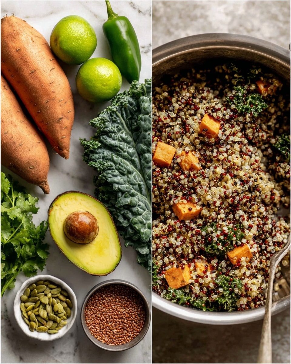 Two side-by-side images show ingredients and cooked quinoa on a white marbled surface. On the left, fresh vegetables and seeds are arranged neatly: two whole sweet potatoes at the bottom left, a bunch of kale leaves with curly dark green texture next to them, two lime green limes, one whole jalapeño, a halved avocado with bright green flesh and a large brown seed in the middle, and a small bunch of fresh cilantro to the far left. A small white bowl filled with green pumpkin seeds and a small metal cup containing dry red, white, and black quinoa grains are also visible. The right image shows a close-up of cooked tri-color quinoa in a silver pot, with a silver fork mixing it; the quinoa is fluffy with mix of white, red, and black grains evenly spread. photo taken with an iphone --ar 4:5 --v 7