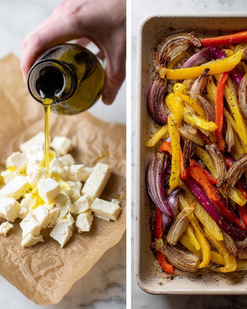 The image shows two side-by-side photos; the left photo has broken white cheese pieces scattered on light brown parchment paper with a woman's hand pouring golden olive oil over the cheese from a small dark bottle, while the right photo features a white baking tray with roasted strips of yellow and red bell peppers mixed with browned red onion wedges, all on a white marbled texture surface. The roasted vegetables have a slightly charred and caramelized texture with visible black pepper seasoning. Photo taken with an iphone --ar 4:5 --v 7