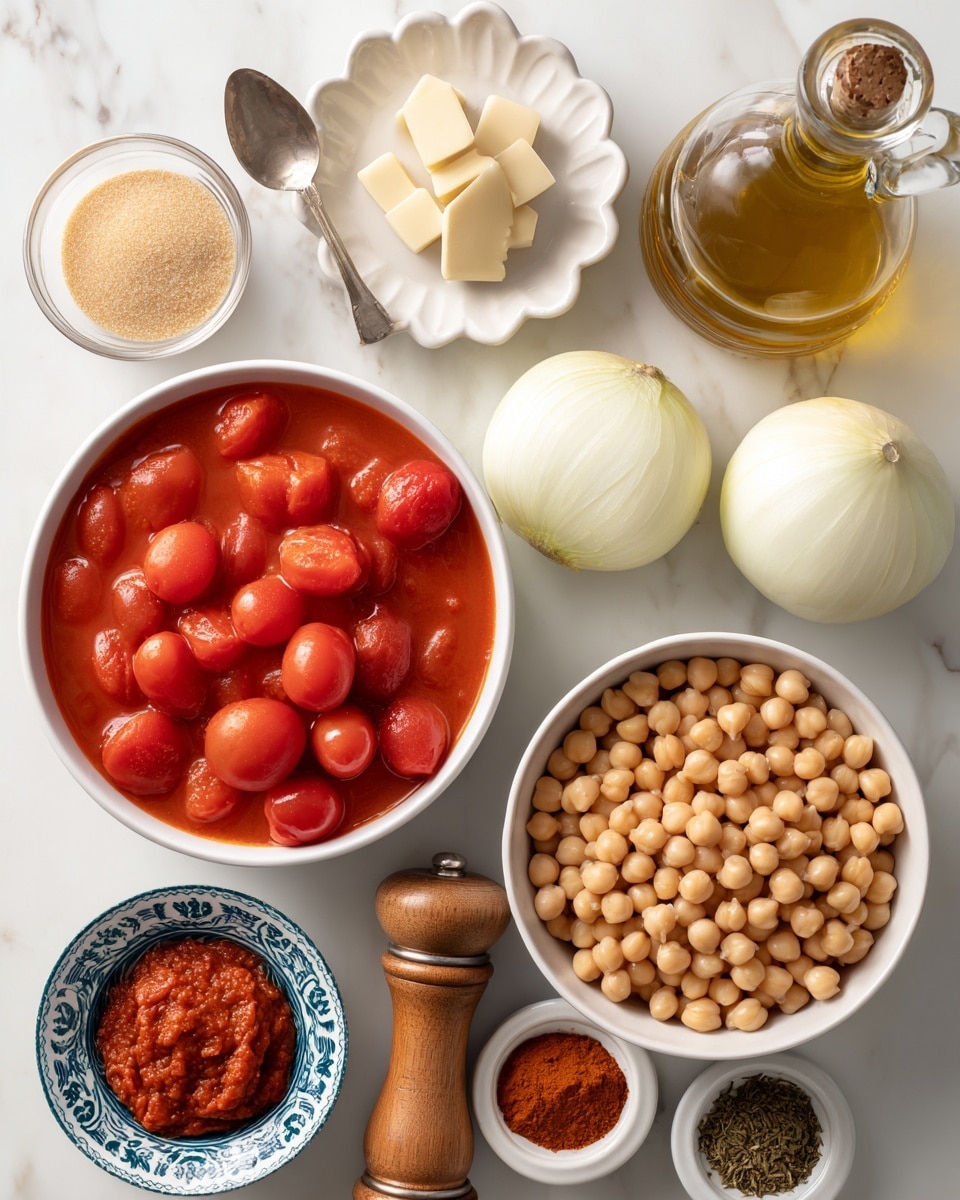 The image shows several ingredients arranged neatly on a white marbled surface. At the center-left is a white bowl filled with bright red whole peeled tomatoes in tomato juice. To the right, there is a white bowl full of beige chickpeas. Below the chickpeas is a glass container with light brown liquid, likely broth. Above and to the right are two halves of a yellow onion with white inside layers exposed. Close to the onions, there is a clear olive oil bottle and a tall wooden pepper grinder. At the top center, a small white scalloped dish holds two square pieces of pale butter. At the top left, a small white bowl contains light brown sugar with a metal spoon. Nearby, a patterned blue and white bowl is filled with deep orange-red tomato paste. At the bottom left, two small dishes hold colorful spices, one brown and one greenish. The overall layout is clean and bright with the ingredients displayed clearly. Photo taken with an iphone --ar 4:5 --v 7