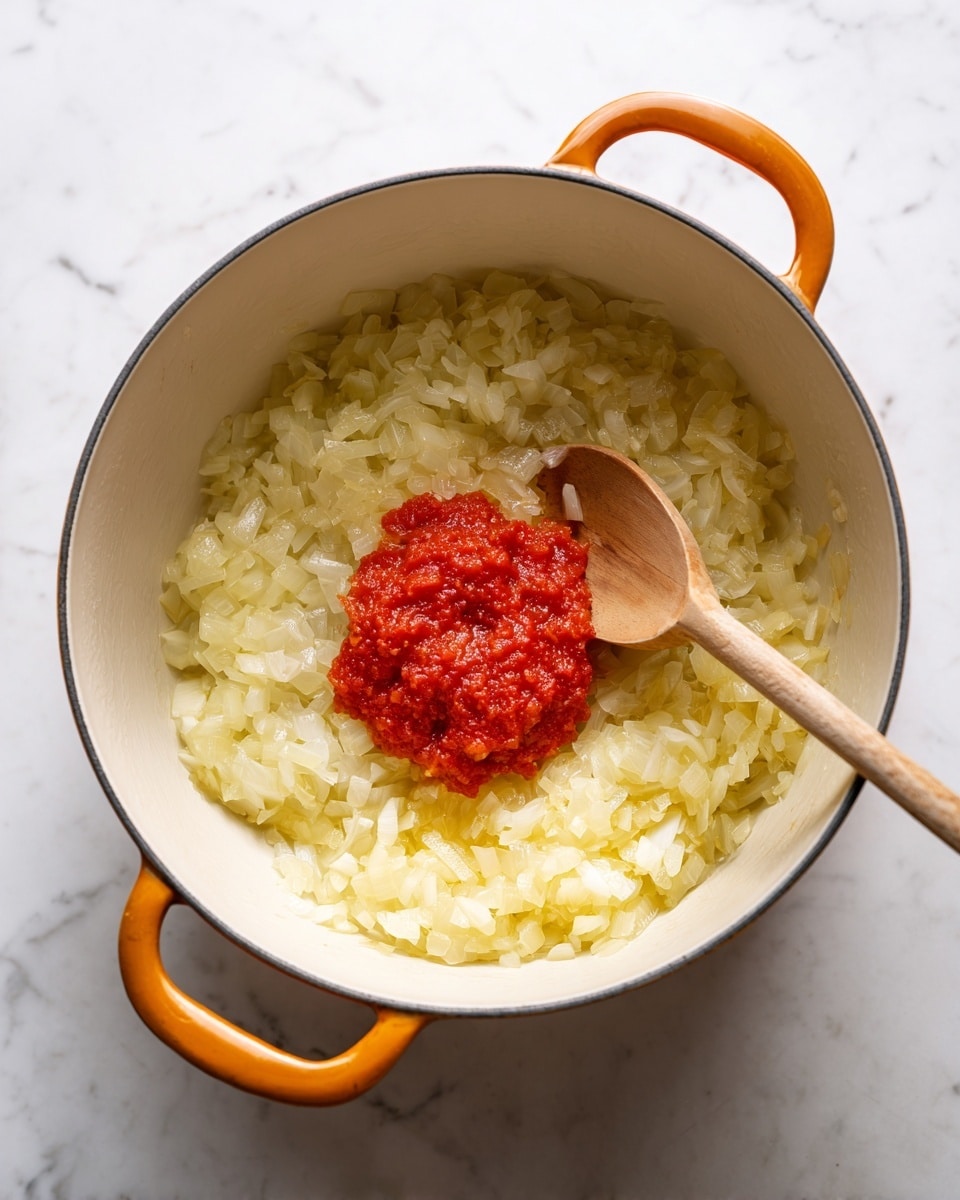 Inside a white pot with an orange handle, there is a layer of soft, translucent chopped onions that have a light yellow color and slightly oily texture, spread out evenly at the bottom. On top of the onions, close to the center, sits a small mound of thick, smooth bright red tomato paste. A wooden spoon with a natural light brown grain is resting inside the pot, pressing lightly on the tomato paste and onions. The pot is set on a white marbled surface photo taken with an iphone --ar 4:5 --v 7