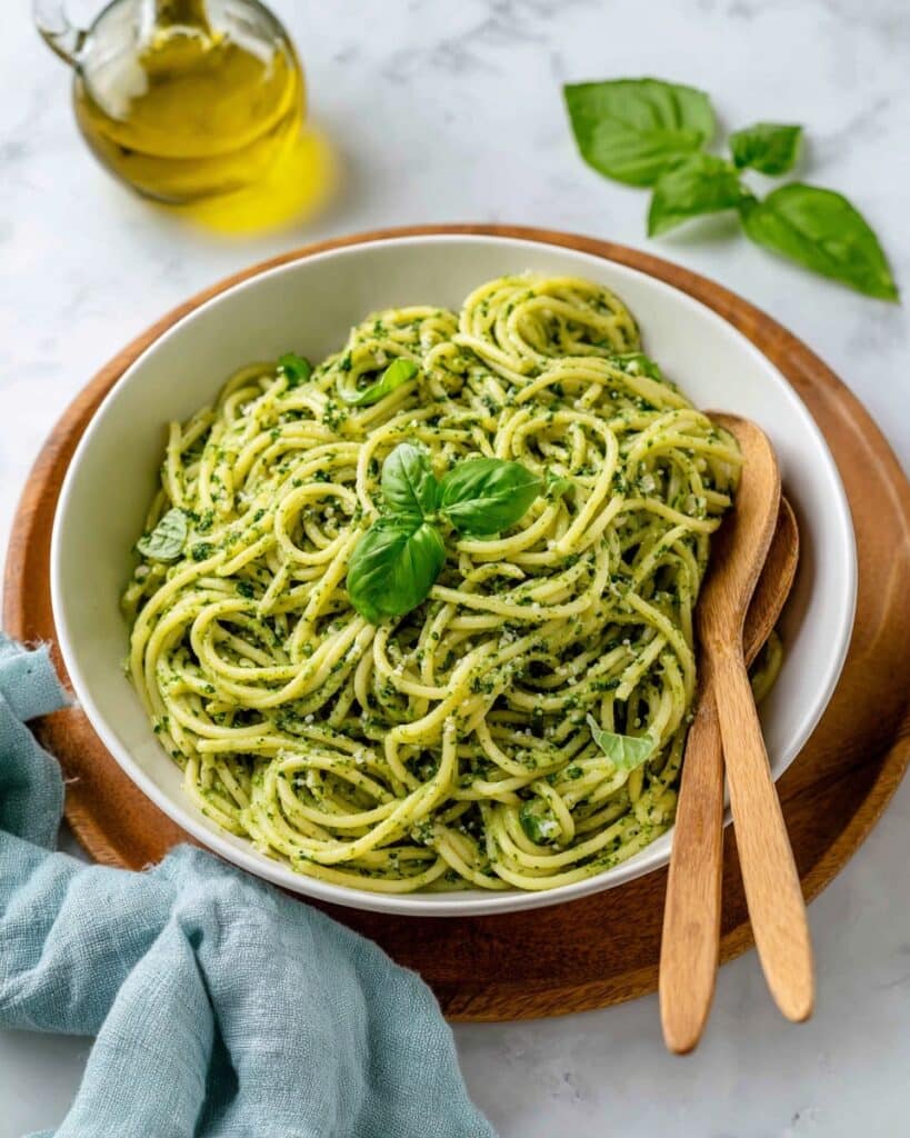 Pesto Pasta with Toasted Nuts and Fresh Basil Recipe