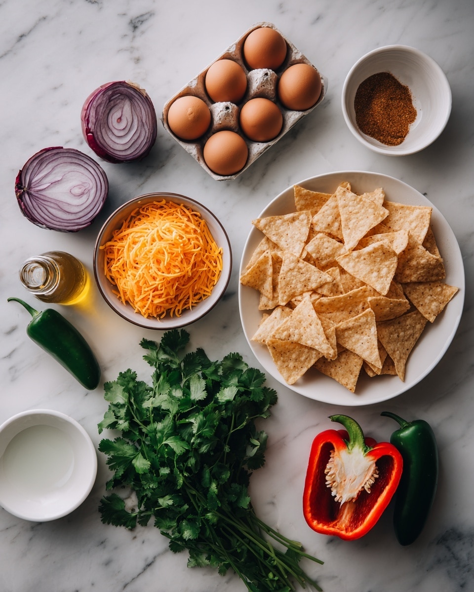 The image shows ingredients placed on a white marbled surface. There are two halves of a purple onion with layered rings, a bowl filled with bright orange shredded cheese, and a white bowl filled with a small amount of brown spice powder. To the right, a white bowl holds many light beige triangular tortilla chips. Below the chips is a bunch of fresh green cilantro leaves. There is a halved bright red bell pepper showing its white inner ribs and seeds, along with a whole green jalapeño pepper nearby. On the left side, eight brown eggs are held in a carton, and a bottle of oil is placed near the onions. A small glass container with white liquid is also visible in the lower right corner. Photo taken with an iphone --ar 4:5 --v 7