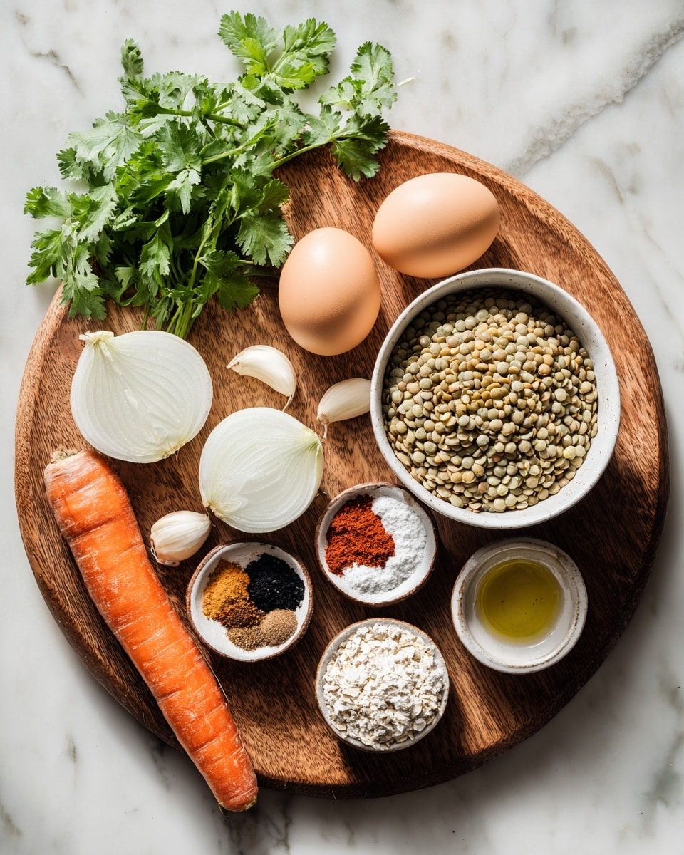 A wooden round board sits on a white marbled surface holding several cooking ingredients: a white bowl full of pale green lentils on the right side, two light brown eggs above the bowl, and three garlic cloves near the eggs. Next to the eggs are fresh green cilantro leaves. A large bright orange carrot stretches diagonally from bottom left to top right, partially under a small white bowl of mixed spices showing black, red, white, and brown powders. Two halves of a white onion lie on the left side of the board. Surrounding the board on the marble are other small bowls holding oats, flour, and oil. Photo taken with an iphone --ar 4:5 --v 7