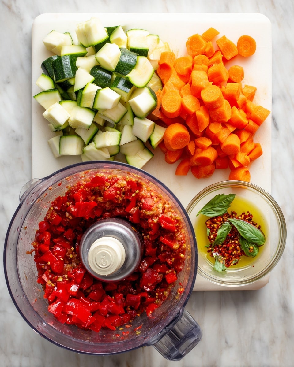 The image shows two scenes side by side on a white marbled texture. On the left, there is a white cutting board with three piles of chopped vegetables: green and white zucchini pieces on the top left, orange carrot slices held in a silver measuring cup in the center, and red diced bell peppers at the bottom. On the right, a clear food processor bowl contains crushed red tomatoes mixed with red pepper flakes, a drizzle of yellow olive oil, and fresh green basil leaves on top. photo taken with an iphone --ar 4:5 --v 7