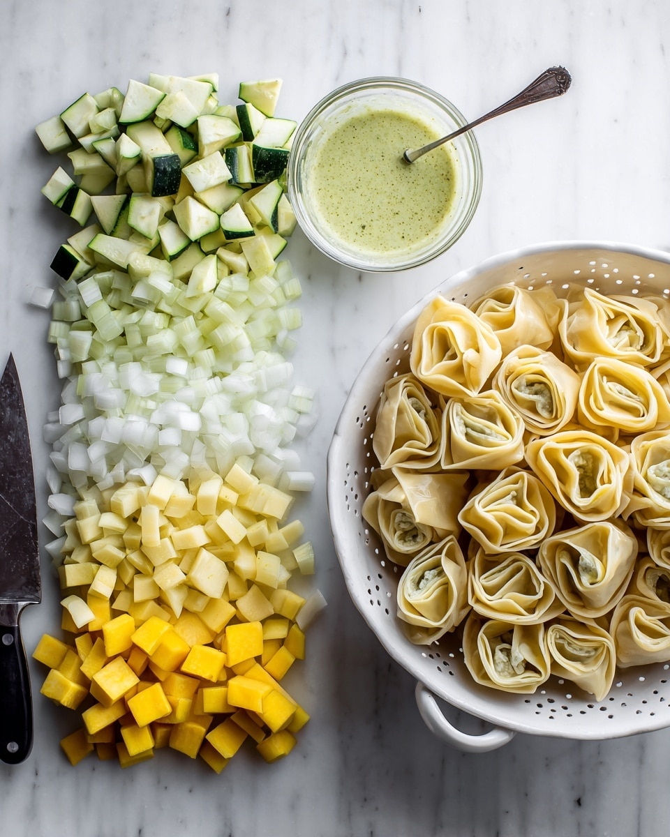 The image shows two views side by side on a white marbled surface. On the left, there are three layers of prepared vegetables arranged in lines: chopped green zucchini in small triangular pieces on the left, thin white onion rings placed in the middle, and chopped yellow squash in small triangular pieces on the right. A small clear glass bowl with a light green sauce and a silver spoon inside sits above the yellow squash. There is also a black knife with a silver blade resting on the bottom left corner. On the right side, there is a white colander filled with light tan stuffed pasta, each piece folded neatly with visible dark green filling inside. The colander has small holes around its surface. The lighting is bright and natural, making the colors clear and fresh. photo taken with an iphone --ar 4:5 --v 7
