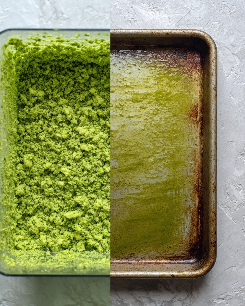 The image shows two side-by-side close-up views: on the left, a food processor bowl filled with a crumbly green mixture that has a coarse texture with tiny bits, resting on a white marbled surface; on the right, a rusty, well-used metal baking tray with a shiny layer of oil spread unevenly across its surface, also set against a white marbled background. photo taken with an iphone --ar 4:5 --v 7