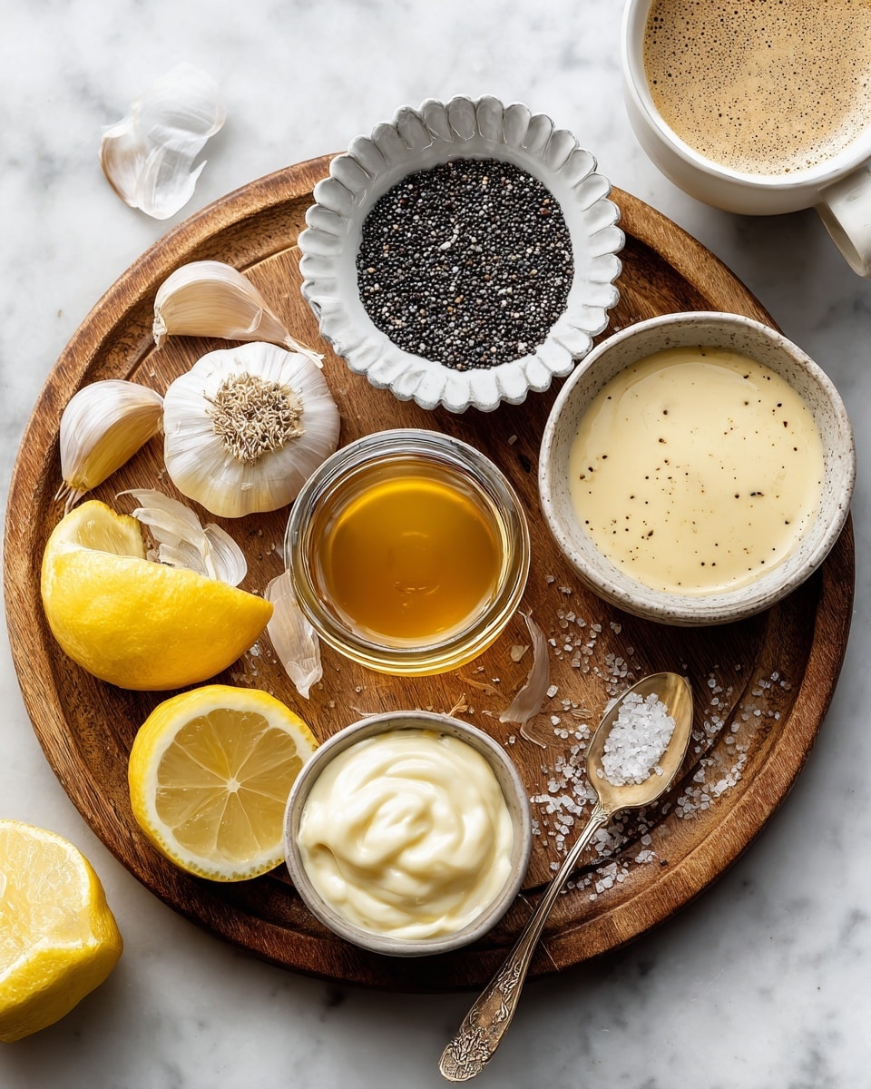 A round wooden board holds various ingredients arranged neatly on a white marbled surface. In the center, a small glass jar contains a light golden liquid, placed next to two garlic cloves with peeled skin nearby. Surrounding them are three small bowls: one white scalloped bowl filled with tiny black poppy seeds, one beige bowl with light yellow creamy sauce, and one patterned bowl with white creamy mayonnaise. At the bottom of the board, a whole lemon and two lemon halves show their bright yellow peels and juicy interiors. A small glass jar of honey with a golden spoon rests on the right side. A partial view of a white cup filled with frothy coffee and a metal spoon is seen in the upper right corner. Photo taken with an iphone --ar 4:5 --v 7