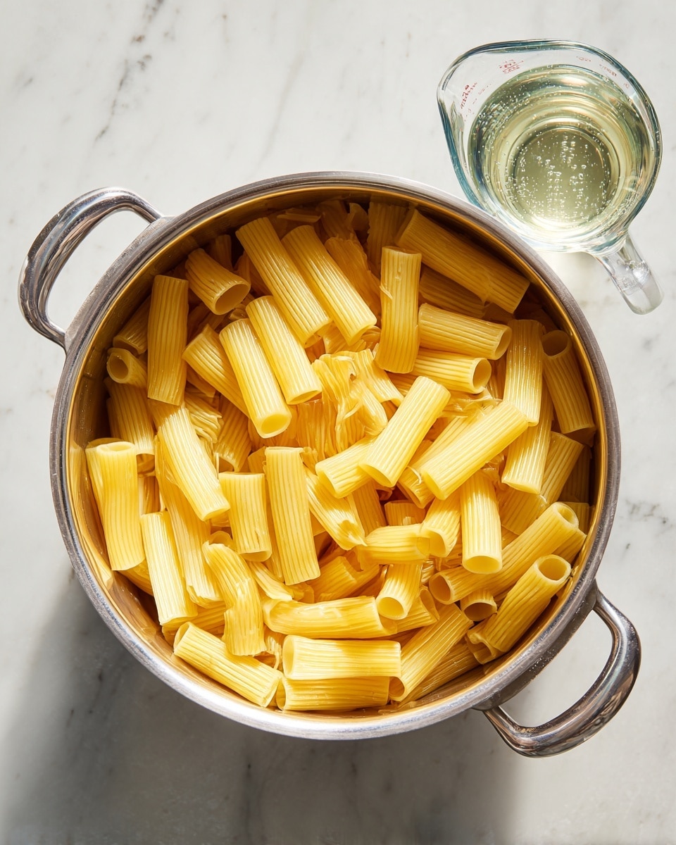 A top-down view of a silver pot filled with uncooked yellow pasta tubes neatly arranged in layers, sitting on a white marbled surface. To the right of the pot is a small clear glass measuring cup with a handle, containing a clear liquid, also placed on the white marbled background. The pot has two sturdy handles on each side. Photo taken with an iphone --ar 4:5 --v 7