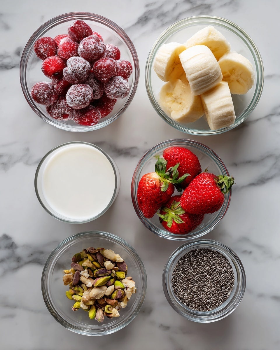The image shows five small clear glass bowls and one short clear glass placed on a white marbled surface. The top left bowl is filled with frozen red cherries covered in frost, and to its right is a bowl with pale yellow banana pieces. Below the bananas, there are three fresh strawberries with green leaves in a bowl. To the left of the strawberries, a small amount of mixed crushed nuts with pieces of pistachio is in a bowl. Below the nuts, there is a bowl filled with small black chia seeds. To the left of all the bowls, there is a short clear glass filled halfway with white milk. photo taken with an iphone --ar 4:5 --v 7
