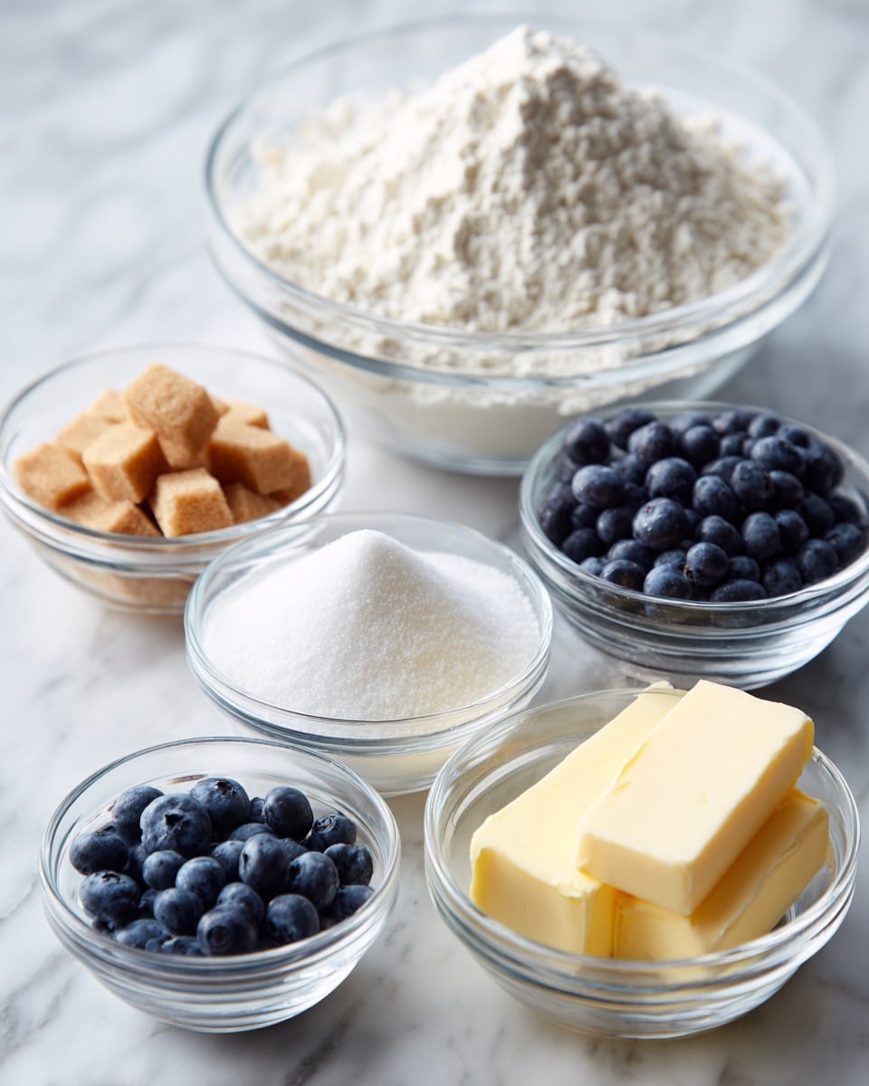 The image shows six clear glass bowls on a white marbled surface, each containing different baking ingredients. One bowl has a large amount of white flour with a powdery texture, placed behind five smaller bowls. These smaller bowls hold fine wheat brown sugar, fine white sugar, small cubed butter with a smooth texture, fresh round blueberries with dark blue color, and two sticks of yellow butter with a smooth texture. The bowls are arranged in a loose cluster, creating a neat and colorful display of ingredients. photo taken with an iphone --ar 4:5 --v 7