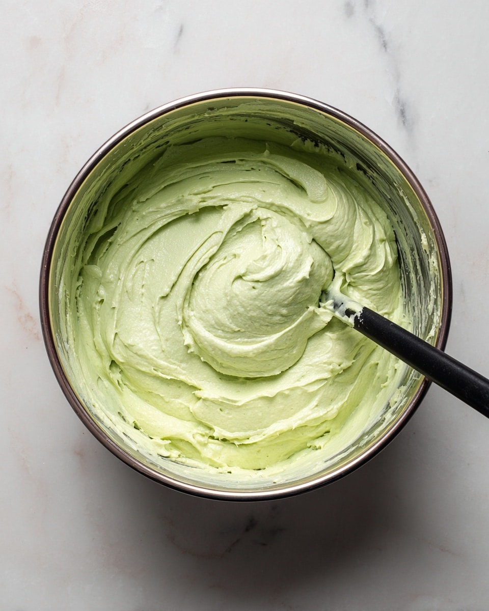 A shiny metal bowl sits on a white marbled surface, filled with a thick, light green creamy mixture. The mixture has a soft, smooth texture with slight peaks and folds, showing it was recently stirred. A black spoon is partially dipped into the mixture on the right side of the bowl, leaning against the bowl’s edge. The bowl's inside has some mixture spread unevenly along the sides, and the metal shines with reflections of the surrounding light. Photo taken with an iphone --ar 4:5 --v 7