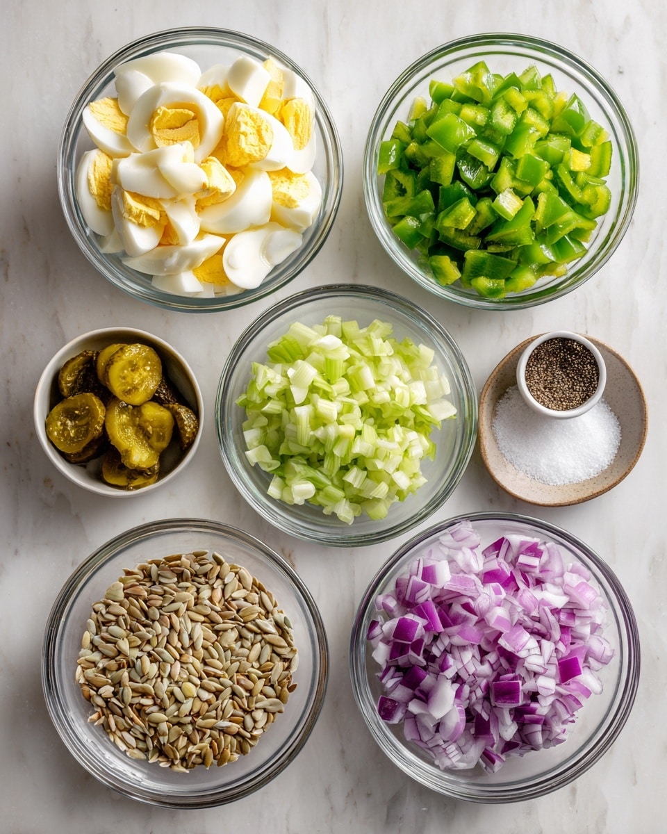 The image shows eight clear glass bowls arranged on a white marbled surface. The biggest bowl near the center left contains chopped hard-boiled eggs with white and yellow pieces. Next to it on top is a bowl of chopped green bell peppers in bright green pieces. To the right of that bowl is another bowl filled with chopped pickles in a dull green color. Below the eggs is a bowl of chopped celery, pale green and fresh. To its right is a bowl filled with purple and white chopped red onions. In the middle, between the eggs and onions, is a bowl with sunflower seeds, light beige and slightly shiny. Above the seeds, there is a small bowl with salt that appears white and fine, and next to it, a bowl of black pepper that looks finely ground and dark. The lighting is soft and even, creating a clean and fresh look. photo taken with an iphone --ar 4:5 --v 7