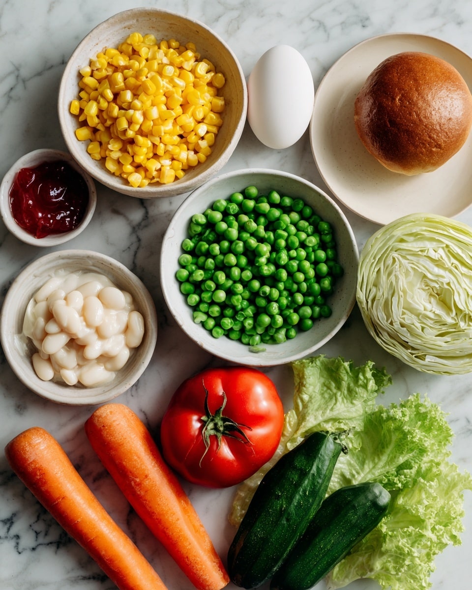 The image shows a spread of fresh and simple ingredients on a white marbled surface. In the center, there is a white bowl filled with bright yellow corn and green peas mixed together. Nearby, there are separate white bowls containing pale baked beans in light red sauce and creamy white mayonnaise. A small round brown bread roll and a white egg rest on a beige dish at the back. On one side, a white plate holds a quarter of pale green cabbage. On another white plate, there is a bright orange carrot, a shiny red tomato, a long dark green cucumber, and some curly green lettuce leaves, all arranged neatly together. photo taken with an iphone --ar 4:5 --v 7