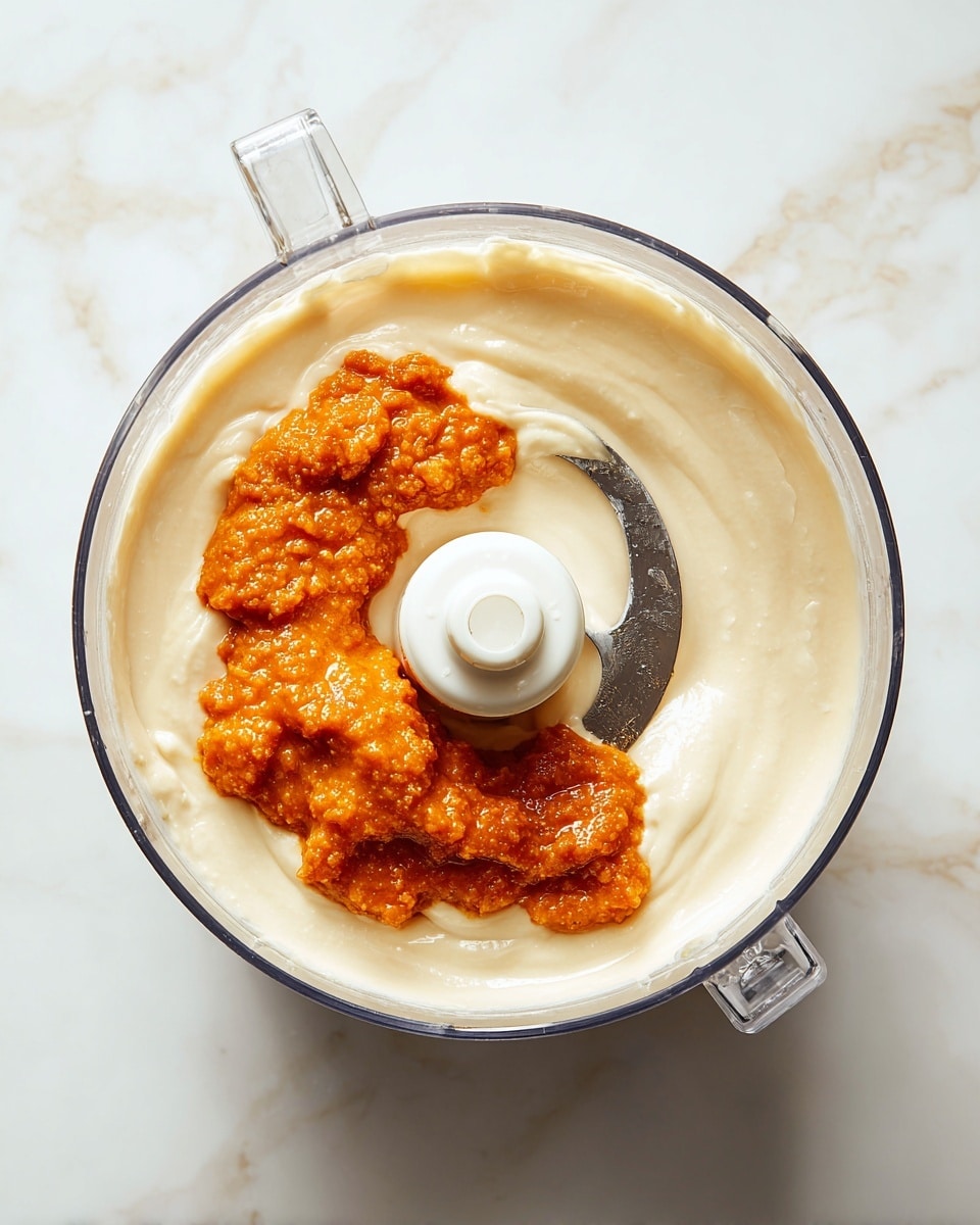 The image shows a clear food processor bowl with a white blade in the center, filled with two layers of food. The bottom layer is creamy and smooth, off-white in color, filling the lower half of the bowl. The top layer is a thick, chunky orange mixture with a shiny texture, placed mostly on one side over the creamy layer. There is some glossy liquid around the orange mixture. The food processor is set on a white marbled surface, and the photo is taken from above, capturing the inside details clearly. Photo taken with an iphone --ar 4:5 --v 7