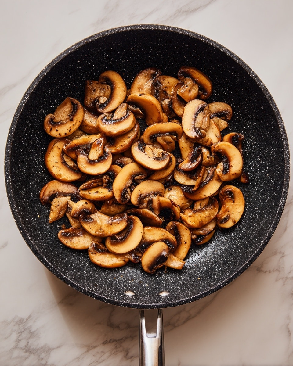 A single layer of cooked sliced mushrooms fills the inside of a black frying pan with a speckled texture, the mushrooms are light brown with darker edges and have a soft, slightly glossy look. The pan sits on a white marbled surface photo taken with an iphone --ar 4:5 --v 7