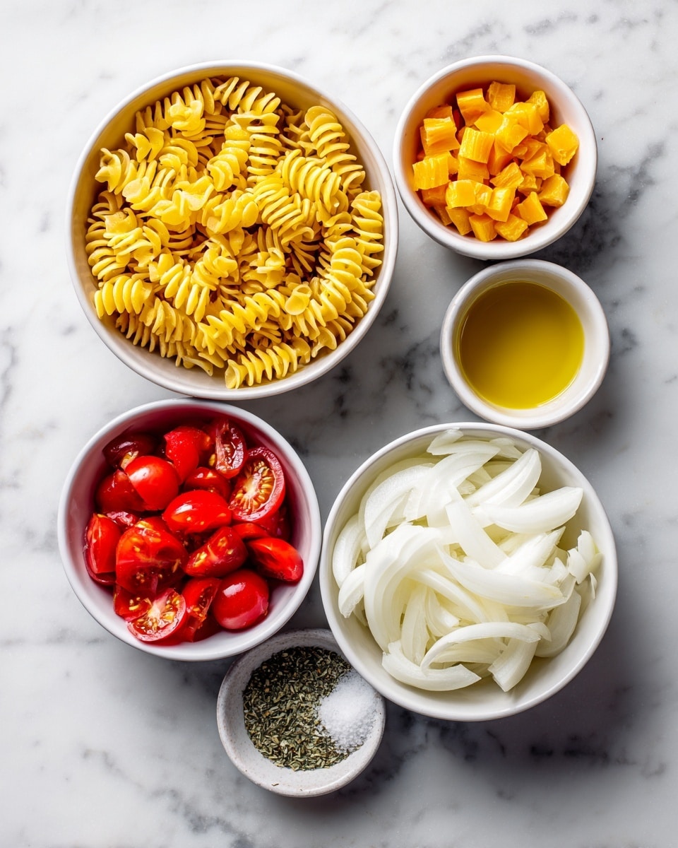 The image shows five white bowls arranged on a white marbled surface, each holding a different ingredient. The top left bowl is filled with yellow spiral pasta. To its right, another bowl contains small, orange diced pieces. Below the pasta bowl, there is a smaller bowl with red cherry tomato halves. Next to this, on the right, another bowl holds thin white onion slices arranged in layers. In the center, a small bowl contains a mix of white salt and green dried herbs. Below and slightly to the right of this bowl, there is a very small bowl with golden olive oil. Photo taken with an iphone --ar 4:5 --v 7