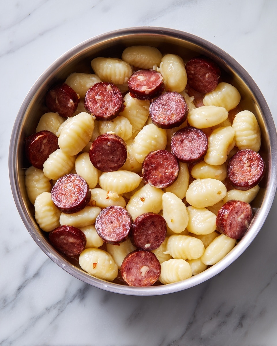 A round silver pan filled with two main layers: the first layer is small, oval-shaped gnocchi that are pale yellow-white with a smooth texture, arranged evenly throughout the pan. The second layer consists of round slices of sausage, dark reddish-brown with a slightly crispy texture on the edges, scattered evenly among the gnocchi. The pan is placed on a white marbled surface. The colors of the food contrast well with the silver pan and the soft background. photo taken with an iphone --ar 4:5 --v 7