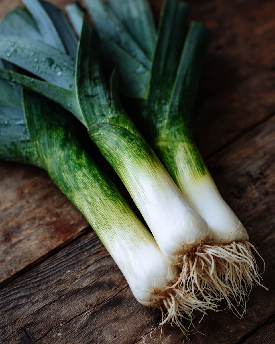 Three fresh leeks with long dark green tops and pale white bottoms with roots attached lie on a brown wooden surface. The green leaves are broad and textured, showing natural lines and slight moisture, while the white bases are smooth and firm, and the roots spread out thinly at the bottom. The image is closely focused on the leeks making them the main subject. photo taken with an iphone --ar 4:5 --v 7