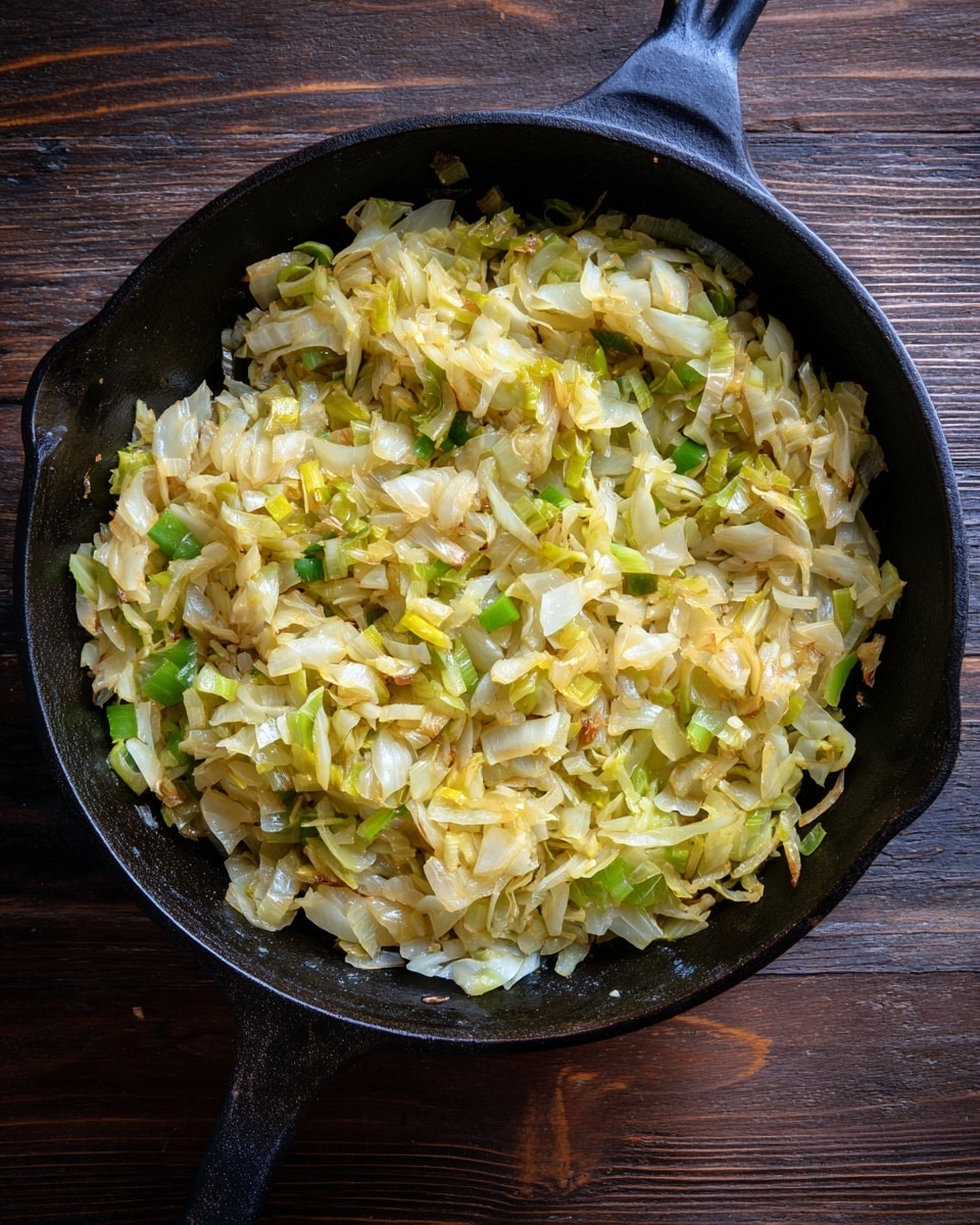 The image shows a black cast iron pan filled with a single layer of cooked chopped onions and leeks. The onions are soft, translucent, and slightly golden brown, mixed with green and light yellow pieces of leeks. The pan has a worn texture and sits on a dark wooden surface, but the background should be changed to white marbled texture. There is no stack or layers of food, only this cooked vegetable mix spread evenly inside the pan. Photo taken with an iphone --ar 4:5 --v 7