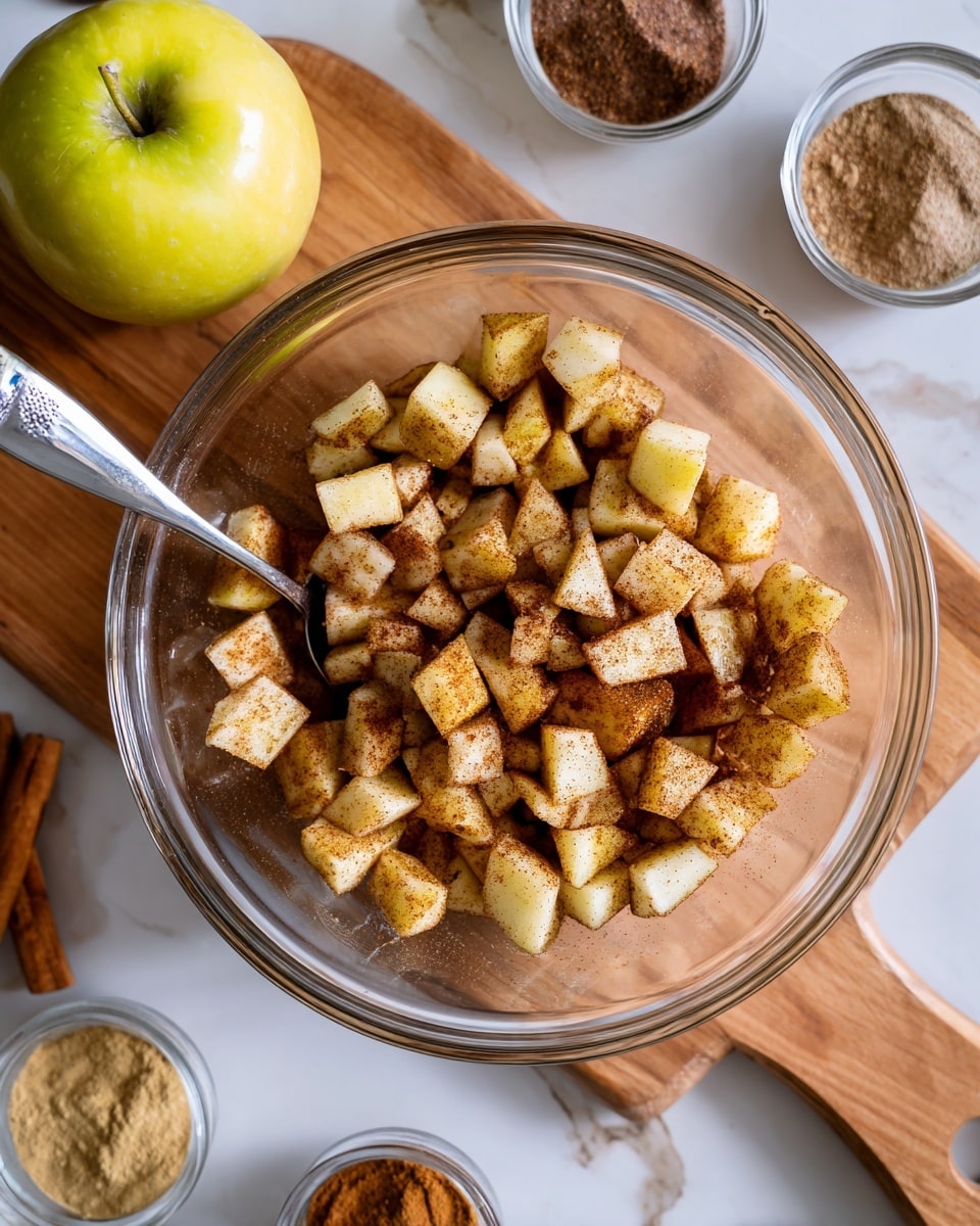 A clear glass bowl filled with small, cubed apples mixed with cinnamon and sugar, giving the pieces a light brown, speckled look; a silver spoon is resting inside the bowl, leaning to the left. Near the top of the image, there is a whole yellow-green apple placed on a wooden cutting board surface. Around the bowl, there are various small containers with brown and beige spices, all placed on the wooden surface. The background is a white marbled texture. photo taken with an iphone --ar 4:5 --v 7