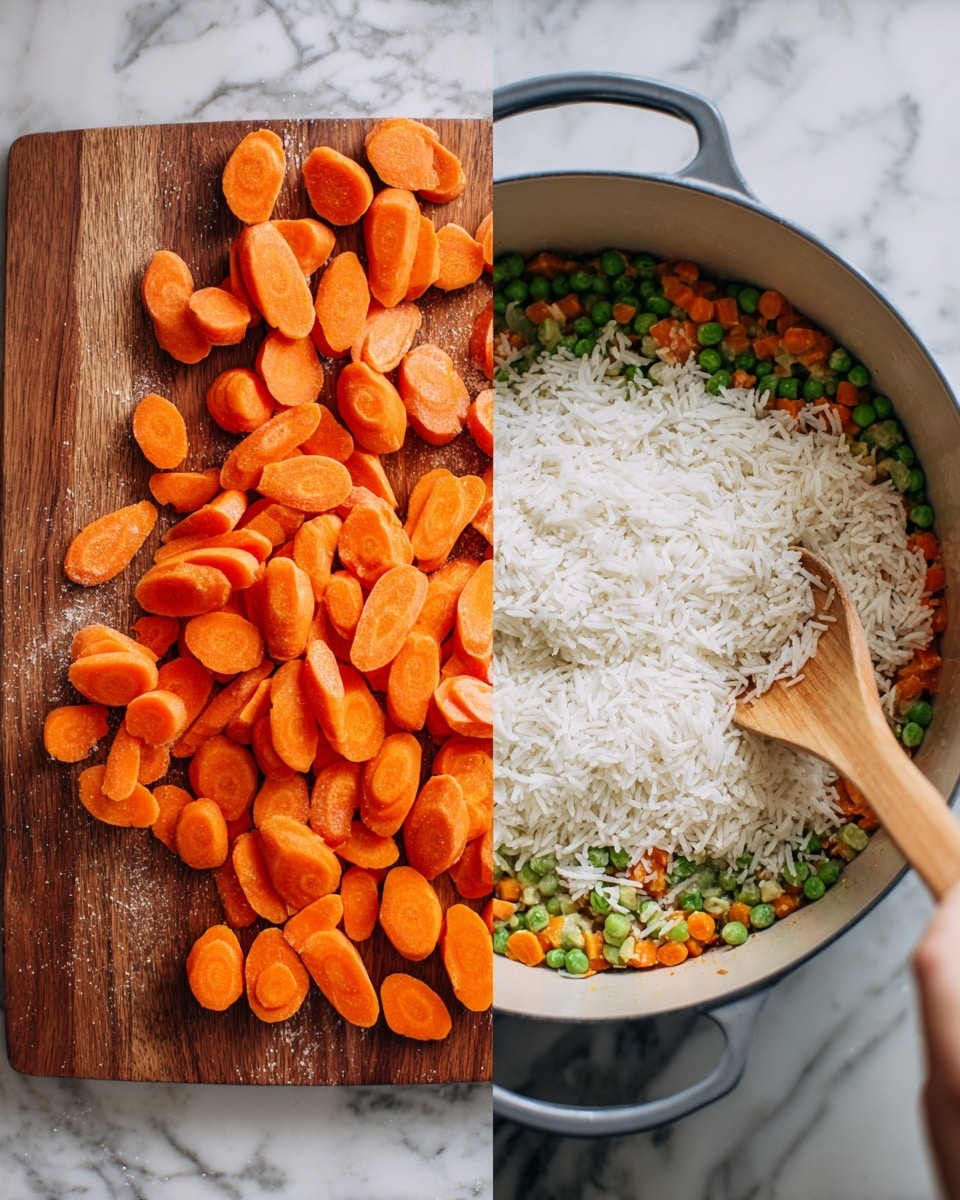 The first part of the image shows a close-up of a white marbled surface with orange carrot pieces sliced into uneven oval shapes spread out on a wooden cutting board. A woman's hand is not visible but implied near the carrots, with a part of a carrot stick held on top of the board. The second part shows a gray cooking pot on a white marbled surface filled with chopped carrots and green peas, topped with a thick layer of uncooked white rice spread evenly on top. A wooden spoon is resting inside the pot, touching the side and partially under the rice. Photo taken with an iphone --ar 4:5 --v 7