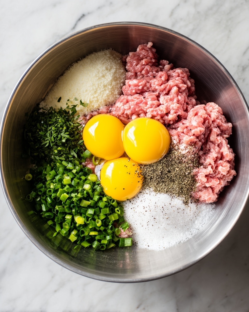 A large silver mixing bowl contains different layers of ingredients for a recipe. The bottom layer is pale pink ground meat, topped by two bright yellow raw egg yolks with shiny whites around them. Around the meat and eggs, there are small piles of fresh green chopped herbs and scallions. In one area, there is a mound of white granulated salt, next to finely ground black pepper sprinkled on the meat. The textures vary from soft and wet meat to dry and powdery seasonings. The whole bowl sits on a white marbled surface. photo taken with an iphone --ar 4:5 --v 7