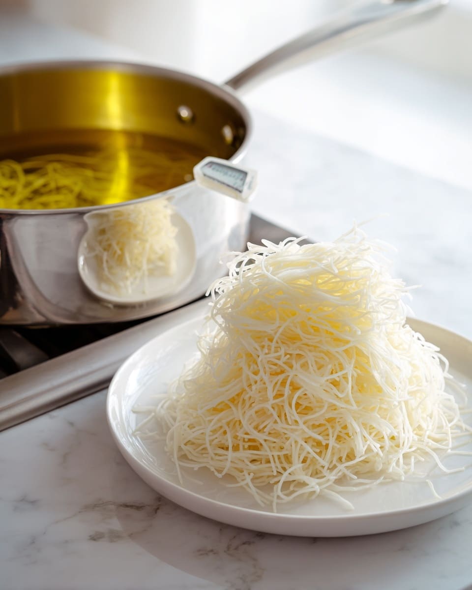 The left side shows a silver pot on a stove with clear yellow oil inside. A thermometer is clipped to the pot's edge, partially in the oil. White thin noodles are floating in the hot oil, creating a small mound. On the right side, there is a close-up of a white plate with a tall, airy mound of crispy white thin noodles arranged in a loose pile. The plate is on a white marbled counter with soft natural light in the background. photo taken with an iphone --ar 4:5 --v 7