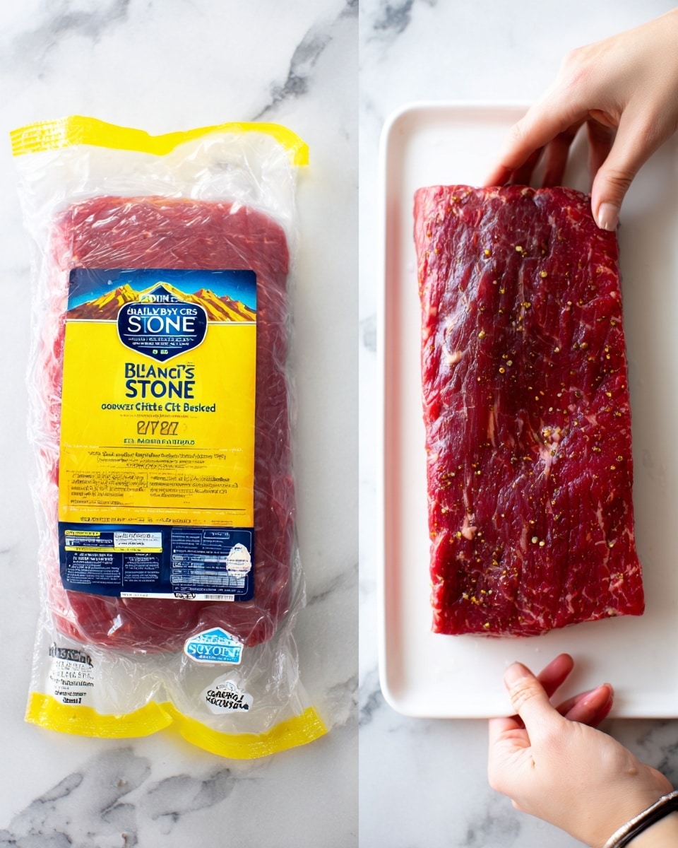 There are two images side by side on a white marbled surface. On the left, there is a packaged corned beef brisket wrapped in a clear plastic package with a yellow and blue label that says
