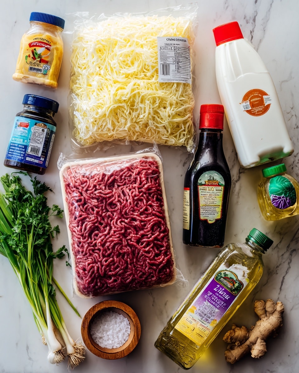 The image shows a variety of cooking ingredients arranged closely together on a white marbled surface. In the center, there is a package of ground beef with a clear plastic cover showing red meat inside, labeled with nutritional facts. Behind it, a bag of shredded pale yellow angel hair coleslaw cabbage stands upright with a mostly red label. To the right of the beef, there are three bottles: a bottle of soy sauce with a red cap and dark liquid, a white plastic bottle with a red cap labeled all-purpose soy sauce, and a smaller bottle of pure sesame oil with a dark brown liquid and purple label. Further right, a clear bottle of rice vinegar with a green cap and label is visible. In front of these, there is a small open wooden container of coarse white salt with a garlic bulb next to it. On the left side, there is a blue-capped jar of white mayonnaise and a green tipped bottle of orange liquid, likely hot sauce. Fresh green herbs, a jalapeño, green onions, and some ginger root rest in the foreground, slightly overlapping the other items. Photo taken with an iphone --ar 4:5 --v 7