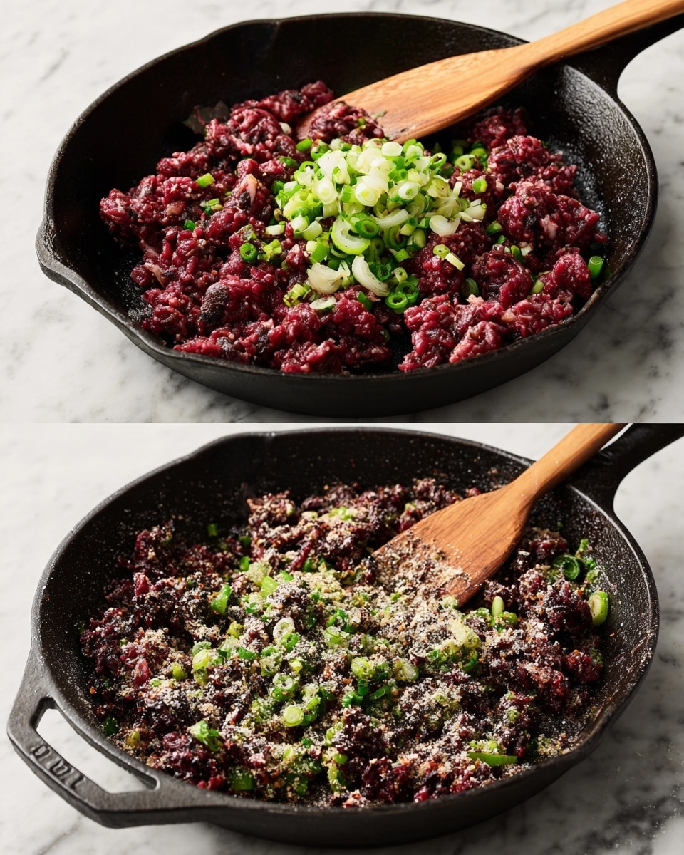 There are two images stacked vertically showing a black cast iron pan on a white marbled surface. In the top image, the pan contains raw minced meat, mostly dark red with some brown parts, spread unevenly in chunks around the pan, with chopped green and white scallions placed on top in the center. A wooden spatula rests inside the pan on the left side. In the bottom image, the same pan holds the minced meat with the scallions now mixed in, and the whole mixture is sprinkled with white and black powders, likely salt and pepper, creating a speckled effect over the meat. The spatula is in the same spot. Photo taken with an iphone --ar 4:5 --v 7