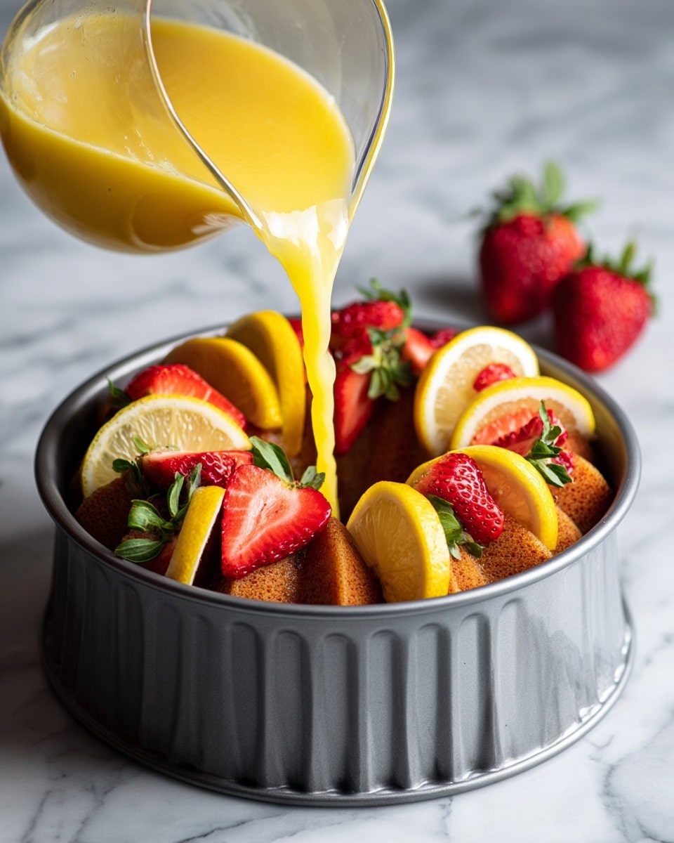 A large clear glass bowl filled with orange-colored juice as the base layer, topped with a round layer of thin lemon slices arranged in a ring around the edge inside the bowl. On top of the lemon slices is a circular layer of clear gelatin with embedded pieces of strawberry halves, green lime slices, dark grapes, and small mint leaves, forming a colorful ring inside the bowl. The bowl is placed on a white marbled surface with a red cloth and fresh mint leaves nearby, and in the background is a bowl of lemon and grapes, along with a pineapple and a yellow tiled wall. Photo taken with an iphone --ar 4:5 --v 7
