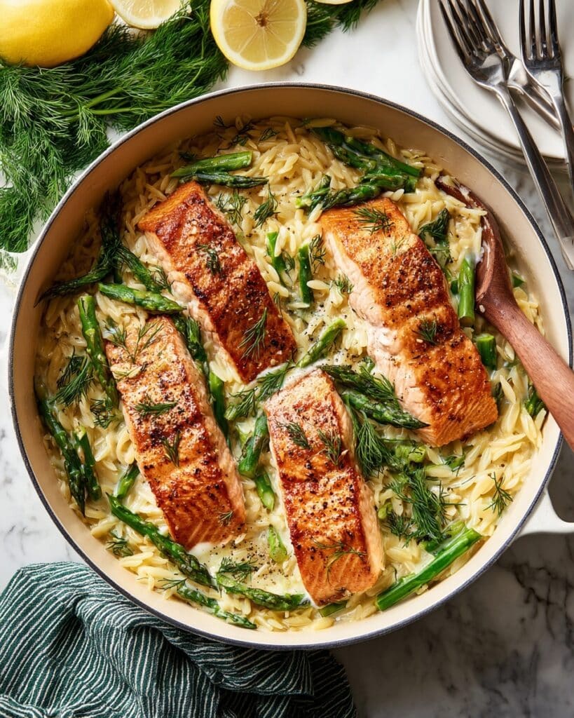 One Pan Salmon with Creamy Lemon Orzo Recipe
