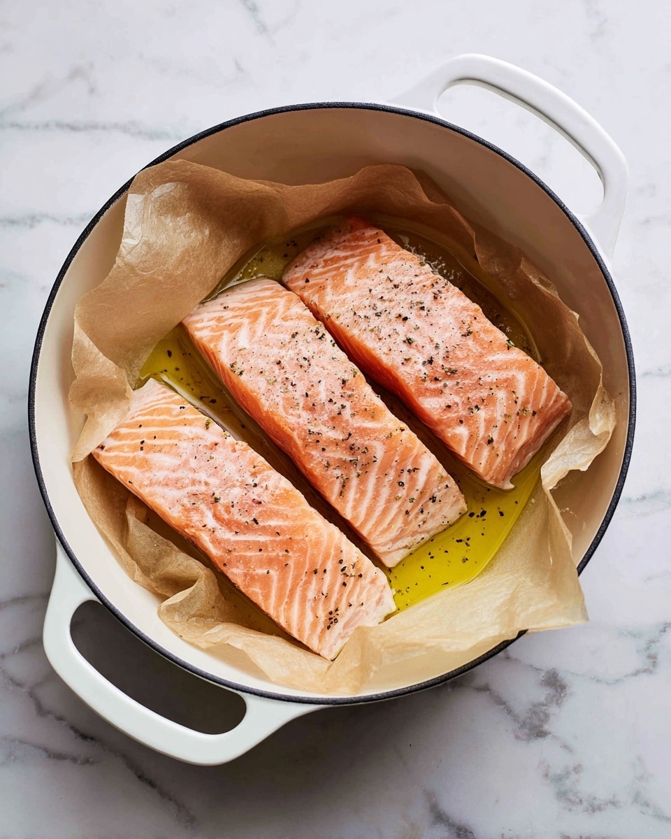 A round white pot with two handles holds three raw salmon fillets placed side by side, each fillet showing a smooth pinkish-orange color with light seasoning of small black pepper dots. The fillets lie on a sheet of light brown parchment paper, with a layer of golden yellow oil pooling beneath them. The pot sits on a white marbled surface. photo taken with an iphone --ar 4:5 --v 7