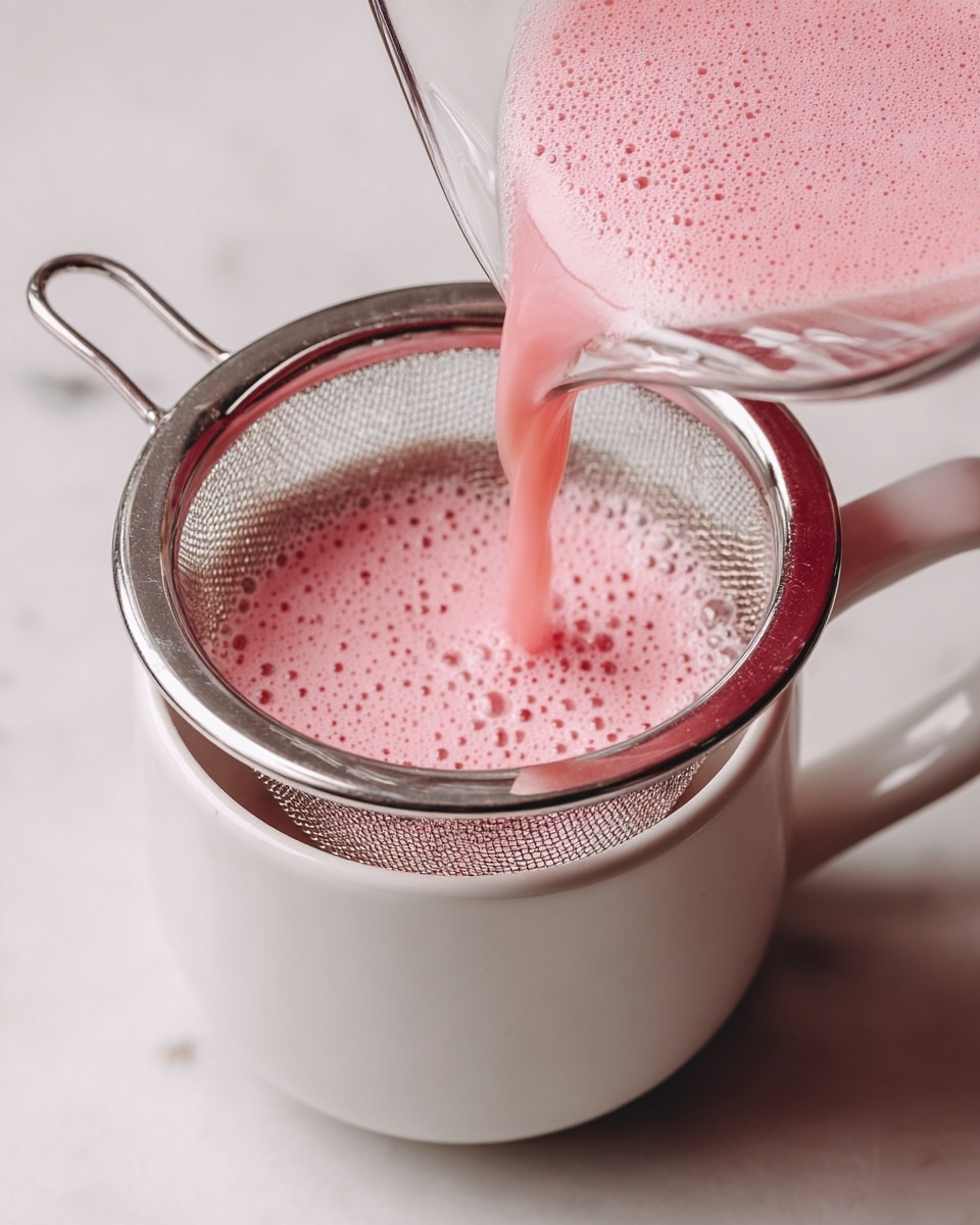 A close-up view shows pink, smooth liquid being poured from a clear blender jug into a white measuring cup with a metal fine mesh strainer resting on top; the liquid has small bubbles on its surface, and this scene is set on a white marbled textured background. photo taken with an iphone --ar 4:5 --v 7