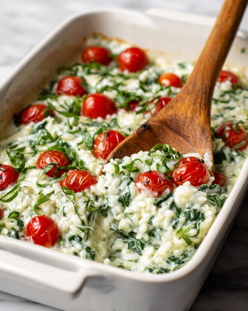 The image shows a close-up of a white rectangular baking dish filled with creamy white rice mixed with bright green chopped fresh basil leaves scattered on top and through the dish. There are several whole, shiny red cherry tomatoes visible, mainly on the surface. A large wooden spoon with a smooth texture is placed inside the dish on the right side, partly covered by the rice mixture. The rice looks soft and creamy with some fresh green spinach leaves mixed in, while the dish is set on a white marbled surface. photo taken with an iphone --ar 4:5 --v 7