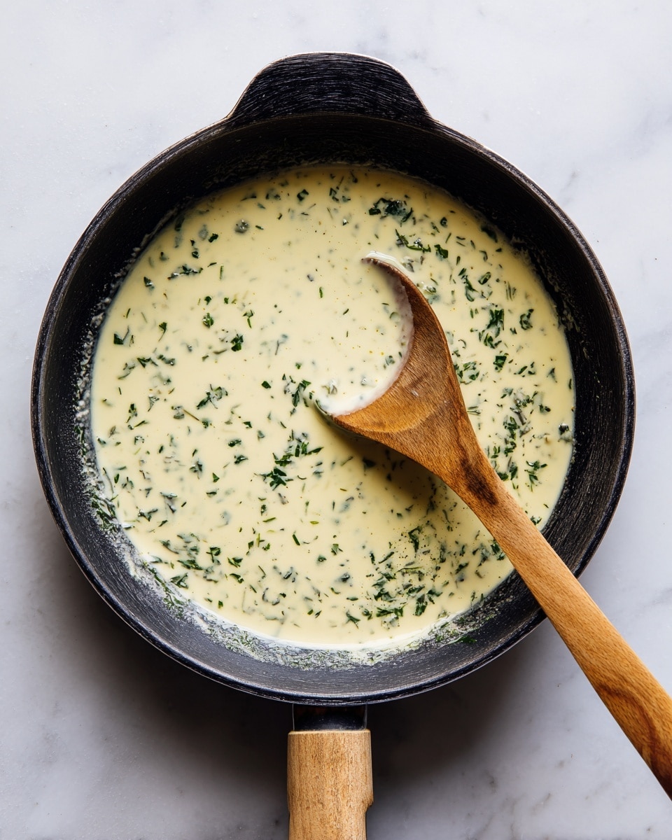 A black frying pan with a rustic, slightly worn handle is filled nearly to the top with a creamy, pale yellow sauce that has small green herb bits spread evenly throughout. The sauce has a smooth but slightly lumpy texture, with a wooden spoon resting on the right side, partially submerged in the sauce showing a bit of the thick liquid coating its surface. The pan sits on a white marbled surface, with soft natural light creating gentle shadows and highlights on the sauce and pan edges. photo taken with an iphone --ar 4:5 --v 7