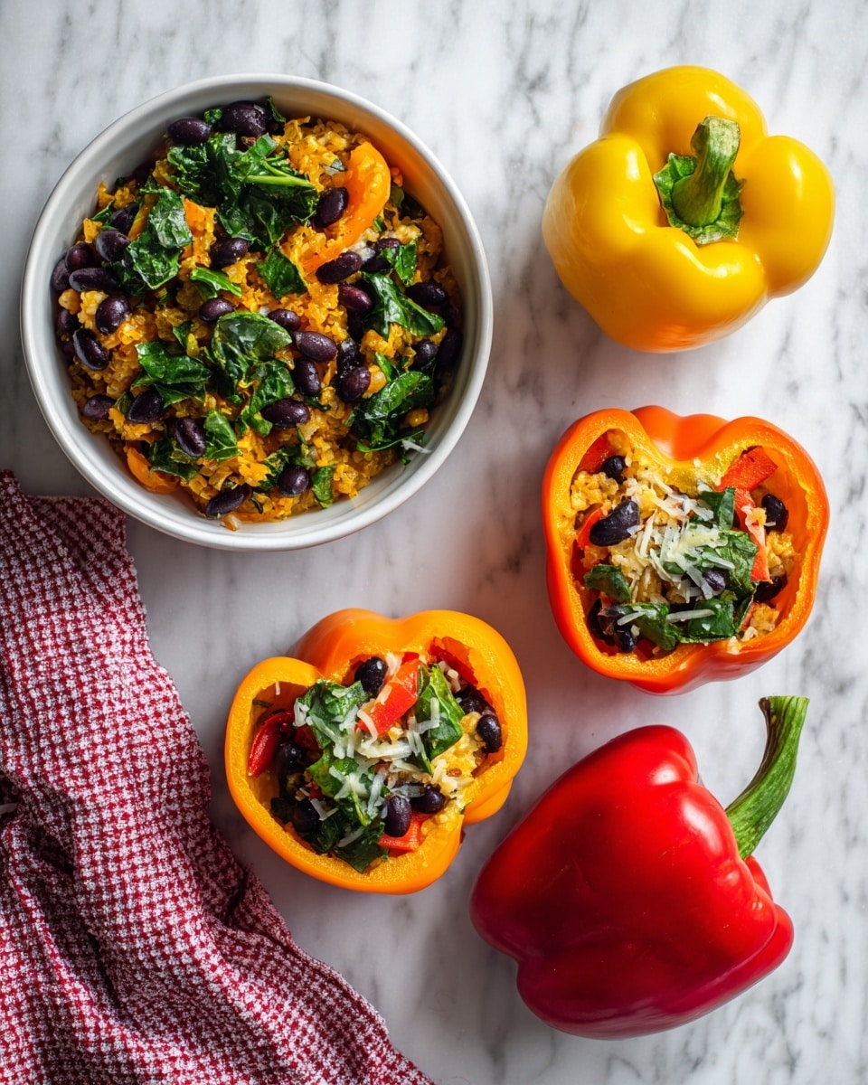 The image shows four hollowed bell pepper halves placed on a white marbled surface: one yellow pepper on the left, one red pepper on the top right, one orange pepper on the bottom right, and another red pepper at the bottom center. Next to the peppers on the left side is a white dish filled with a ground food mixture topped with black beans, green leafy pieces, and light-colored shredded bits. A red and white checkered cloth is partially visible in the bottom left corner. photo taken with an iphone --ar 4:5 --v 7
