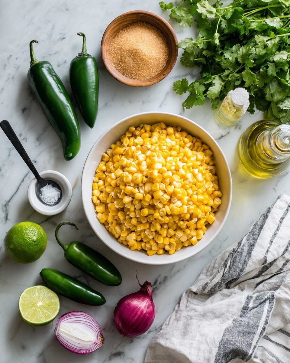 The image shows a white bowl full of yellow corn kernels placed on a white marbled surface. To the left, there is a white container with brown sugar and a black spoon inside, and next to it two dark green poblano peppers. Above the poblano peppers, there is a small wooden bowl with white salt. To the right of the salt, there is a small green bottle of olive oil. Near the bottle, a whole lime and a halved lime show bright green and light yellow inside. Below the limes, two green jalapeño peppers sit next to two halves of a red onion showing rings of white and purple. At the bottom right, a bunch of fresh cilantro with green leaves is spread out. A white cloth with black stripes is partially visible in the top right corner. photo taken with an iphone --ar 4:5 --v 7