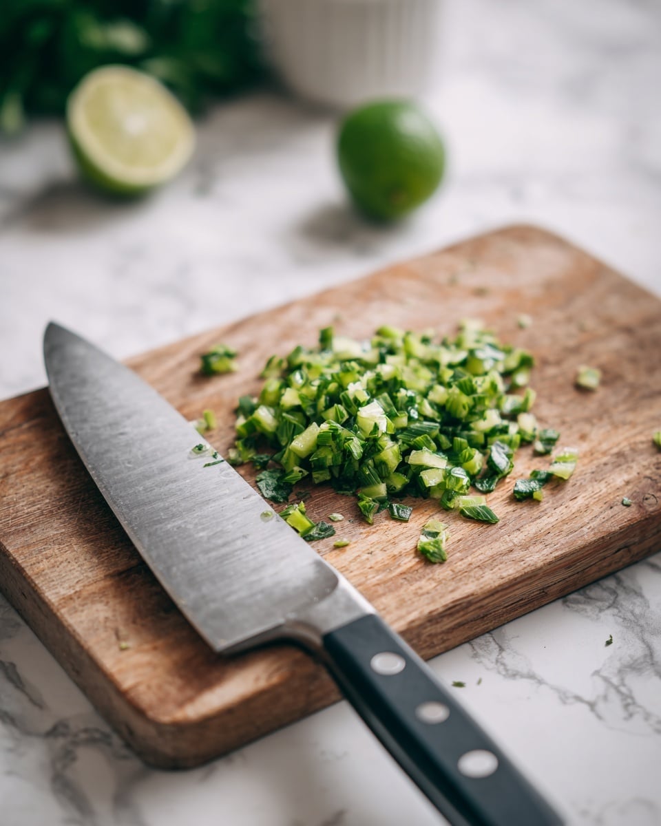 The image shows a wooden cutting board on a white marbled surface with small chopped green pieces of cooked or grilled vegetable scattered in the center. Next to the pile of chopped veggies is a large kitchen knife with a silver blade and a black handle with three metal rivets. The scene is bright and focused on the chopped green vegetable pieces and the knife, with blurred background objects including a lime and a white container. Photo taken with an iphone --ar 4:5 --v 7